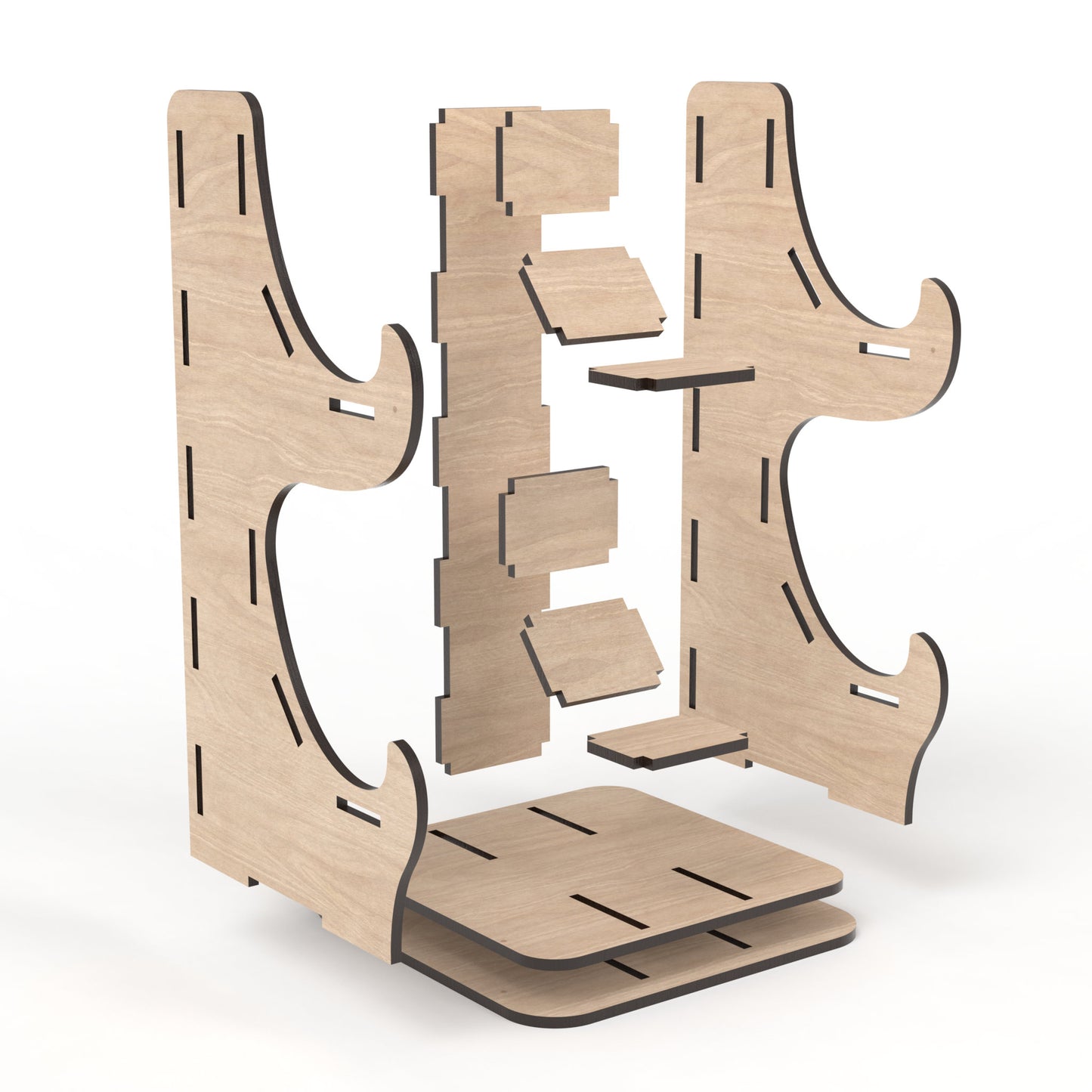 An exploded view of our Game Controller Stands made from our laser cutting files and available for digital download. The perfect solution for organizing your gaming controllers in style, allowing you to stack two game controllers on top of each other.