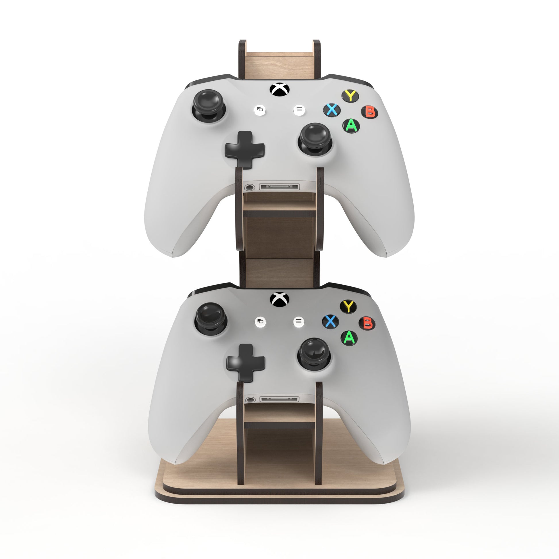 A Game Controller Stand made from our laser cutting files and available for digital download. The perfect solution for organizing your gaming controllers in style, allowing you to stack two game controllers on top of each other.