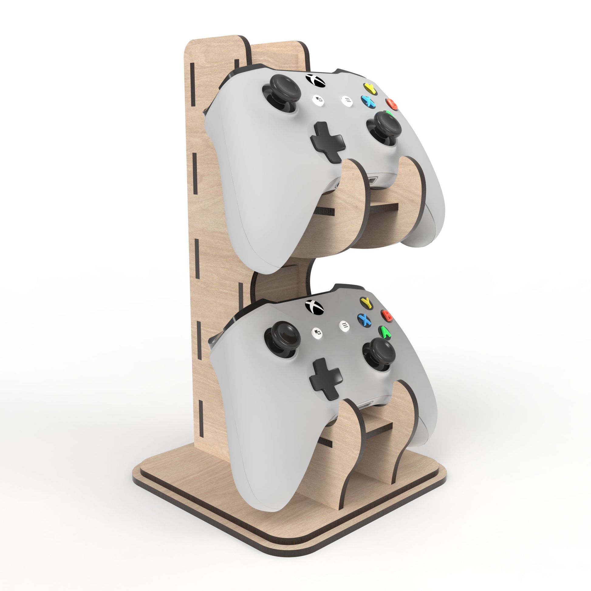 A Game Controller Stand made from our laser cutting files and available for digital download. The perfect solution for organizing your gaming controllers in style, allowing you to stack two game controllers on top of each other.