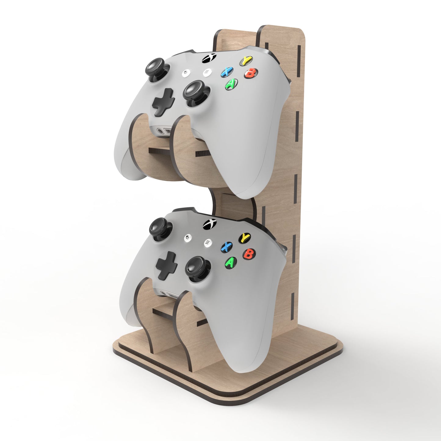 A Game Controller Stand made from our laser cutting files and available for digital download. The perfect solution for organizing your gaming controllers in style, allowing you to stack two game controllers on top of each other.