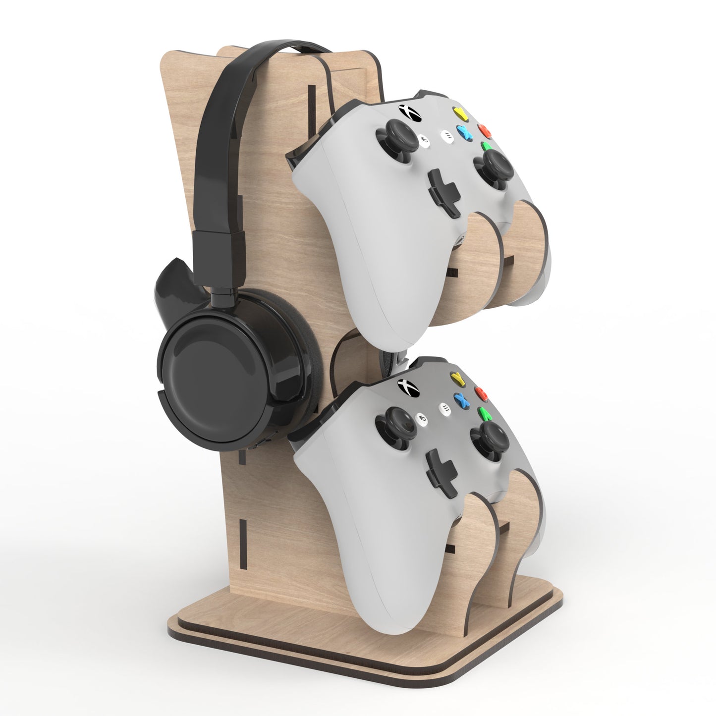 A Game Controller Stand with Headphone Holder made from our laser cutting files and available for digital download. The perfect solution for organizing your gaming controllers and headphones in style, allowing you to stack two game controllers with a convenient headphone stand at the top.