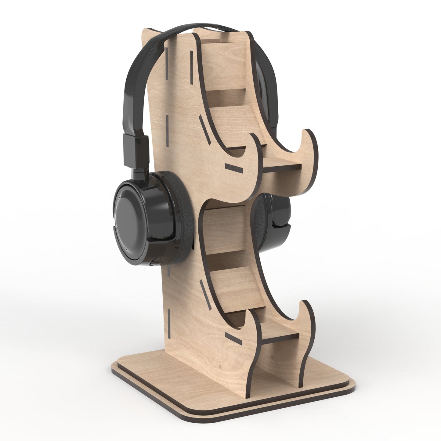 A Game Controller Stand with Headphone Holder made from our laser cutting files and available for digital download. The perfect solution for organizing your gaming controllers and headphones in style, allowing you to stack two game controllers with a convenient headphone stand at the top.