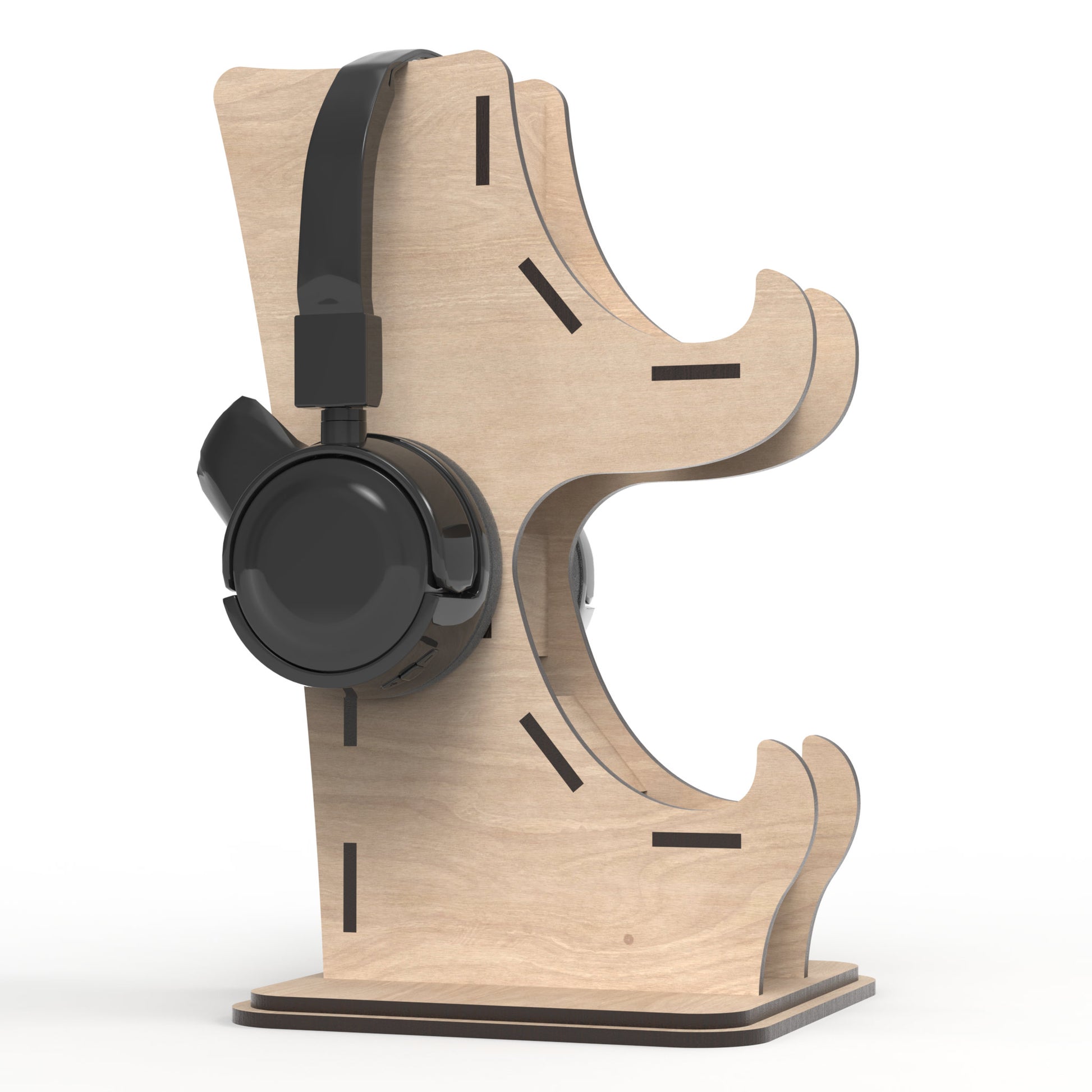 A Game Controller Stand with Headphone Holder made from our laser cutting files and available for digital download. The perfect solution for organizing your gaming controllers and headphones in style, allowing you to stack two game controllers with a convenient headphone stand at the top.