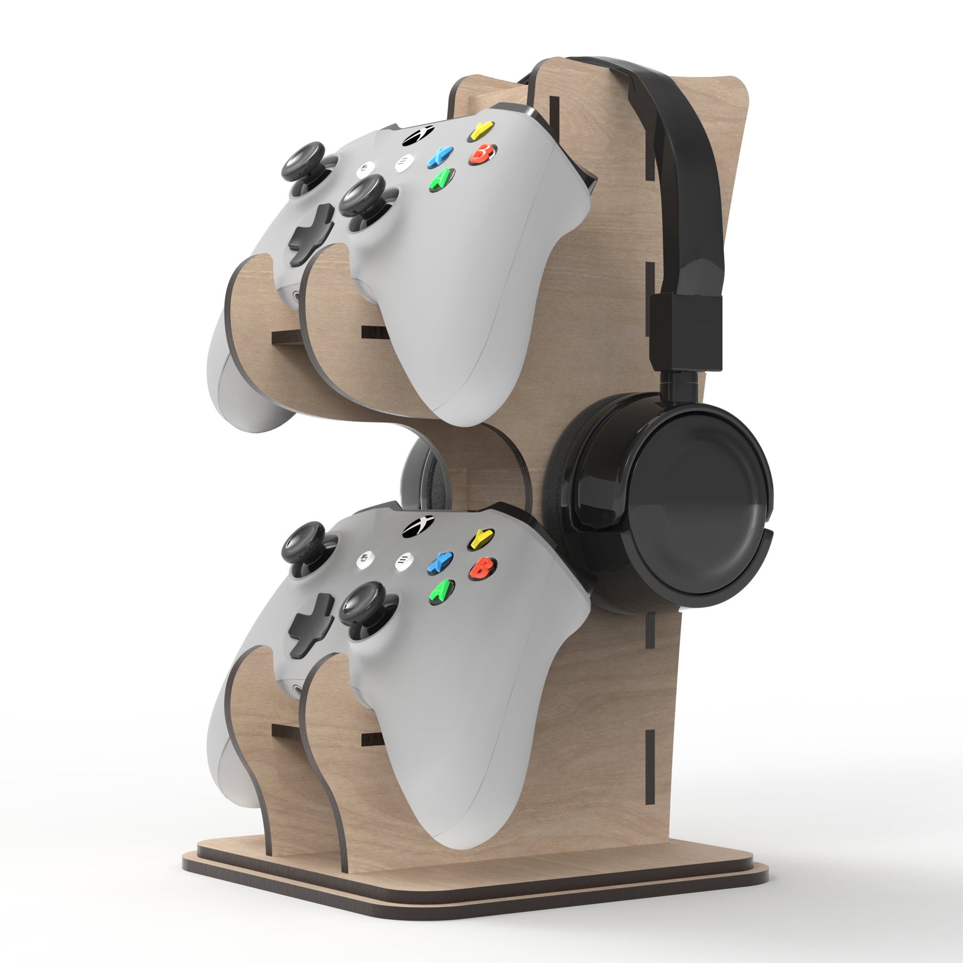 A Game Controller Stand with Headphone Holder made from our laser cutting files and available for digital download. The perfect solution for organizing your gaming controllers and headphones in style, allowing you to stack two game controllers with a convenient headphone stand at the top.