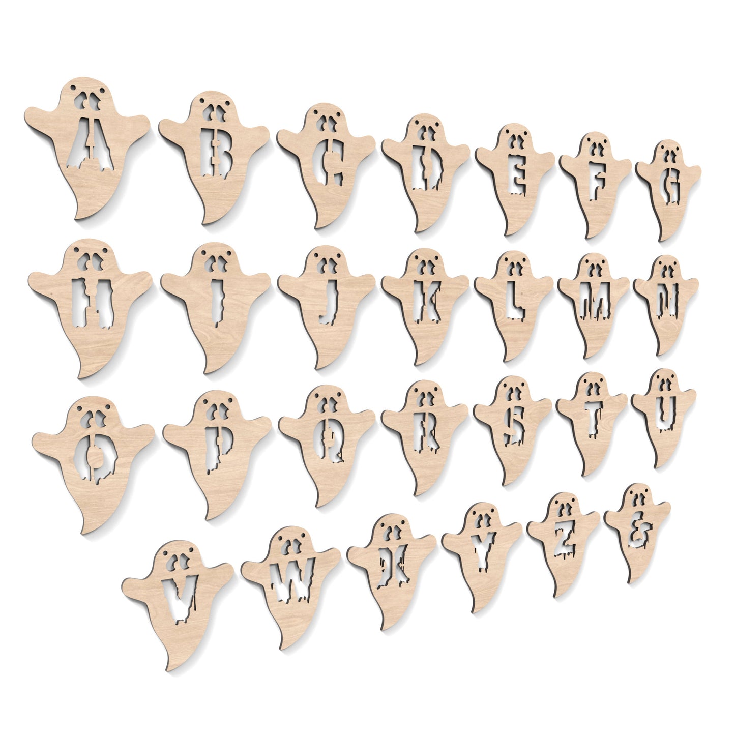 The full alphabet A-Z of Halloween ghost garland bunting, made from our laser cutting files and available as a digital download. Each ghost features a letter cut out of its centre.