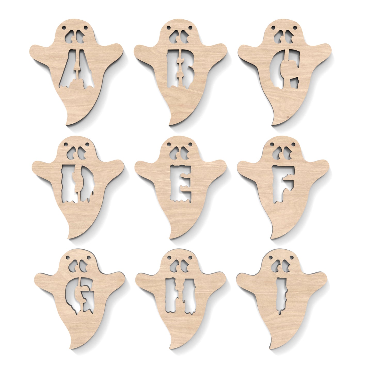 Set of 9 Halloween ghost garland bunting, made from our laser cutting files and available as a digital download. Each ghost features a letter cut out of its centre.