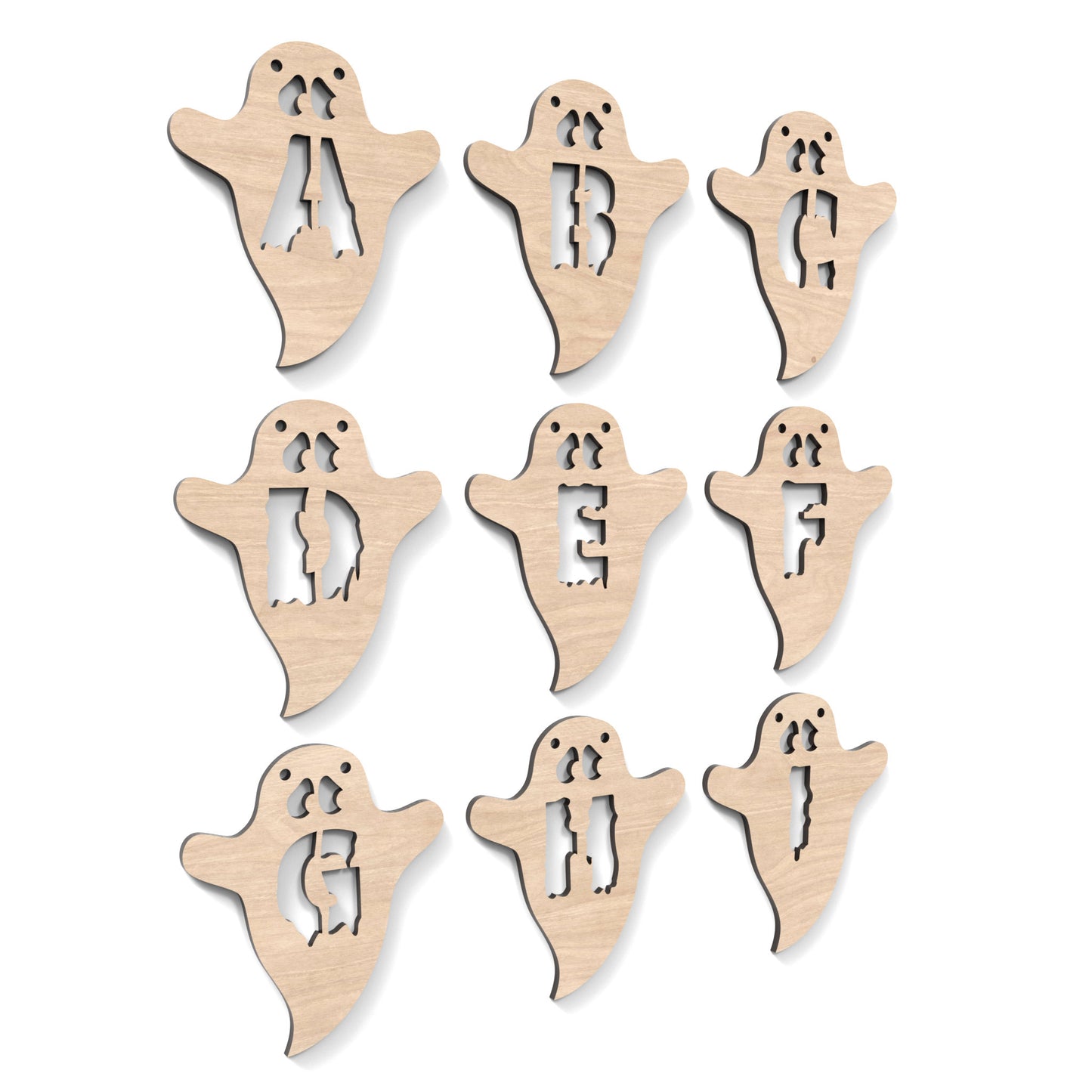 Set of 9 Halloween ghost garland bunting, made from our laser cutting files and available as a digital download. Each ghost features a letter cut out of its centre.