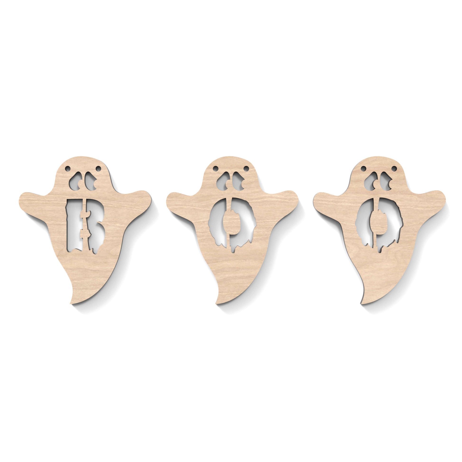 Boo Halloween ghost garland bunting, made from our laser cutting files and available as a digital download. Each ghost features a letter cut out of its centre.