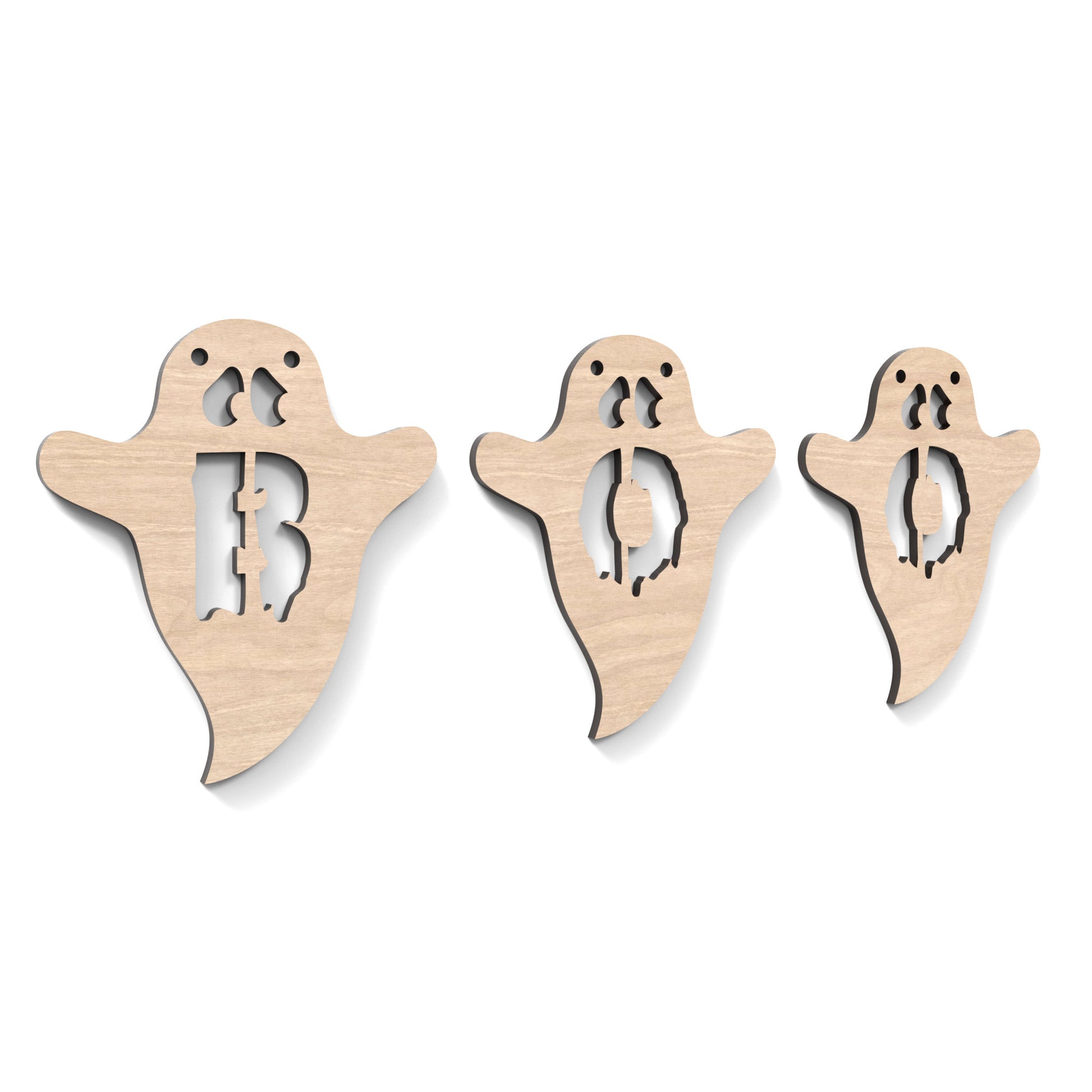 Boo Halloween ghost garland bunting, made from our laser cutting files and available as a digital download. Each ghost features a letter cut out of its centre.