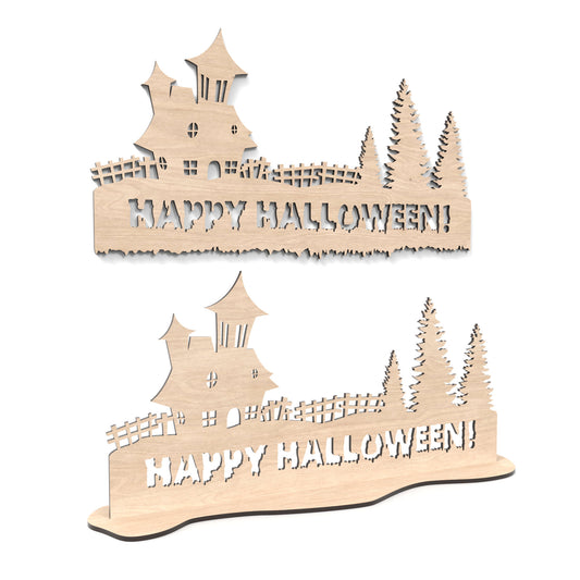 Set of 2 Happy Halloween signs featuring a haunted mansion, eerie fencing, and spooky trees. Made from our laser cutting files and available for digital download. One sign is for hanging on a wall or door, and the other is freestanding.