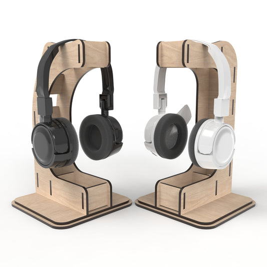 Set of 2 Headphone Stands made from our laser cutting files and available for digital download. The perfect solution for organizing your headphones, gaming headsets, sales headsets, and more.