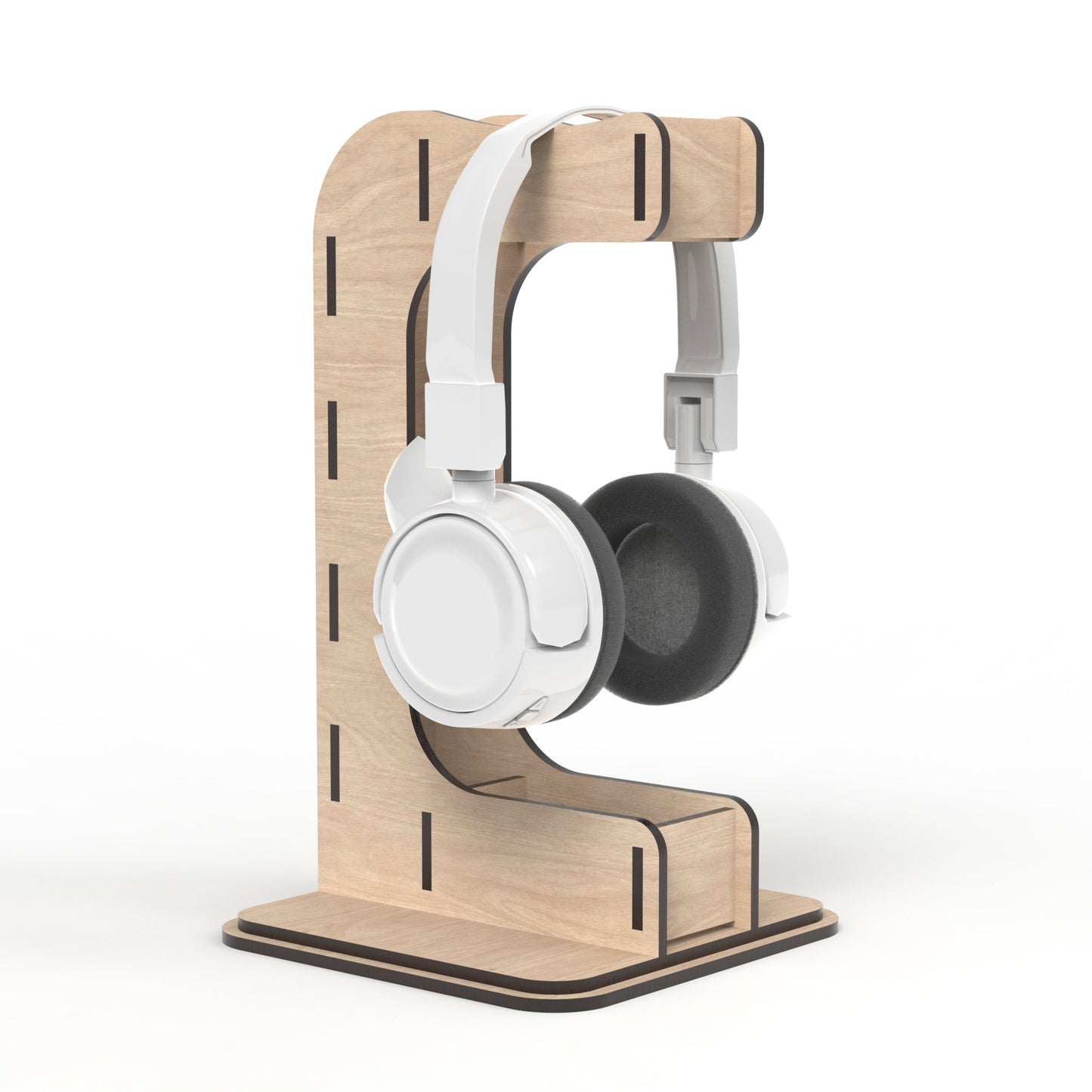 A Headphone Stand made from our laser cutting files and available for digital download. The perfect solution for organizing your headphones, gaming headsets, sales headsets, and more.