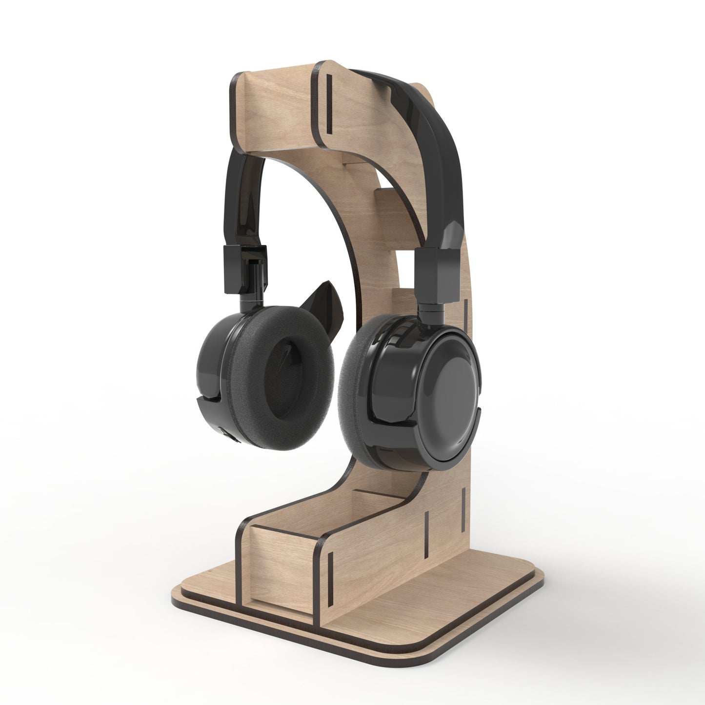 A Headphone Stand made from our laser cutting files and available for digital download. The perfect solution for organizing your headphones, gaming headsets, sales headsets, and more.