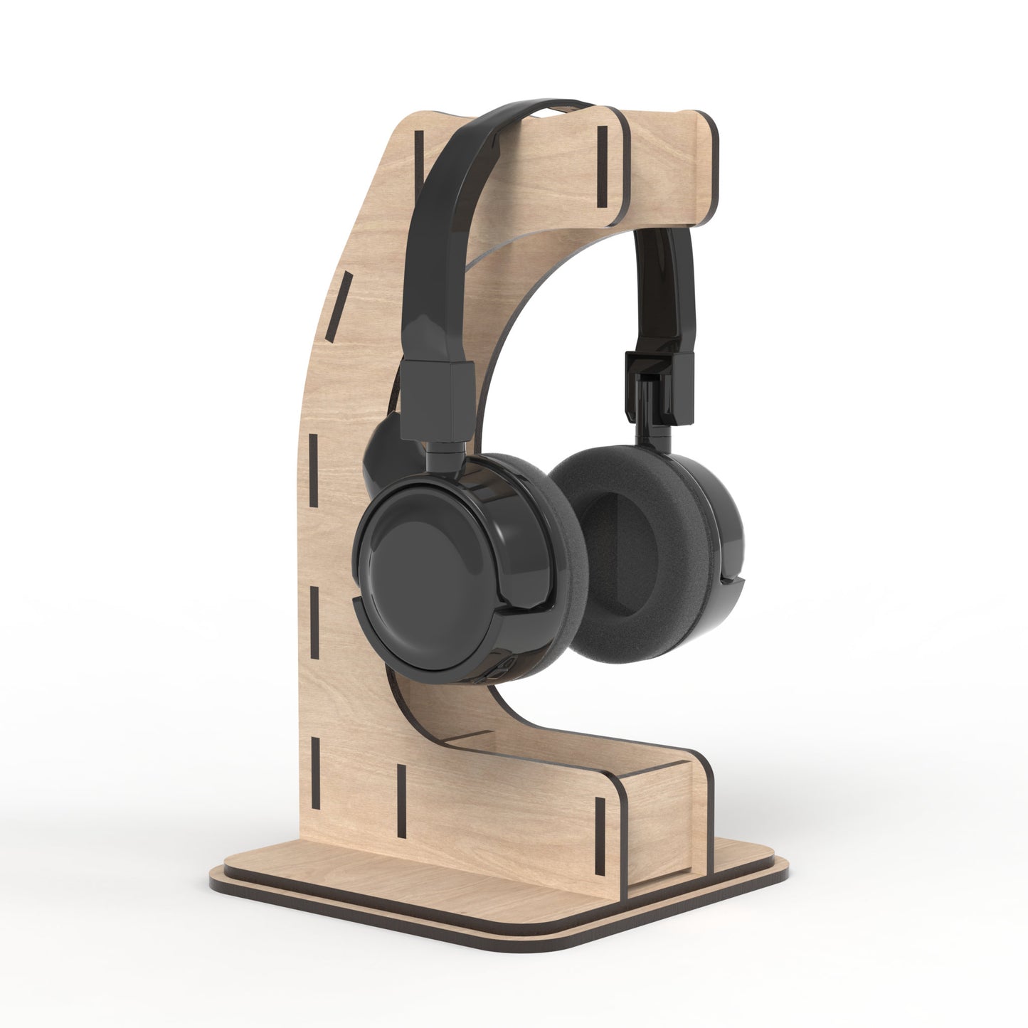 A Headphone Stand made from our laser cutting files and available for digital download. The perfect solution for organizing your headphones, gaming headsets, sales headsets, and more.