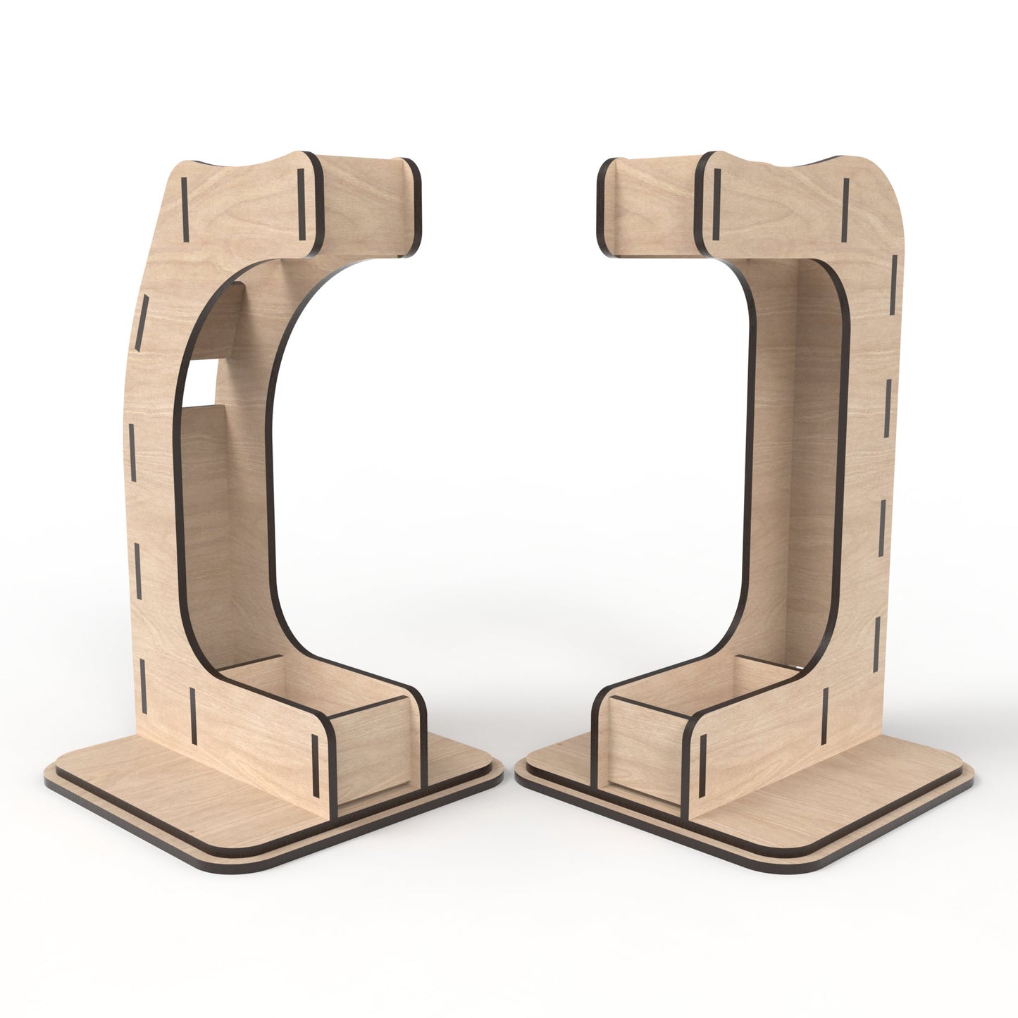 Set of 2 Headphone Stands made from our laser cutting files and available for digital download. The perfect solution for organizing your headphones, gaming headsets, sales headsets, and more.