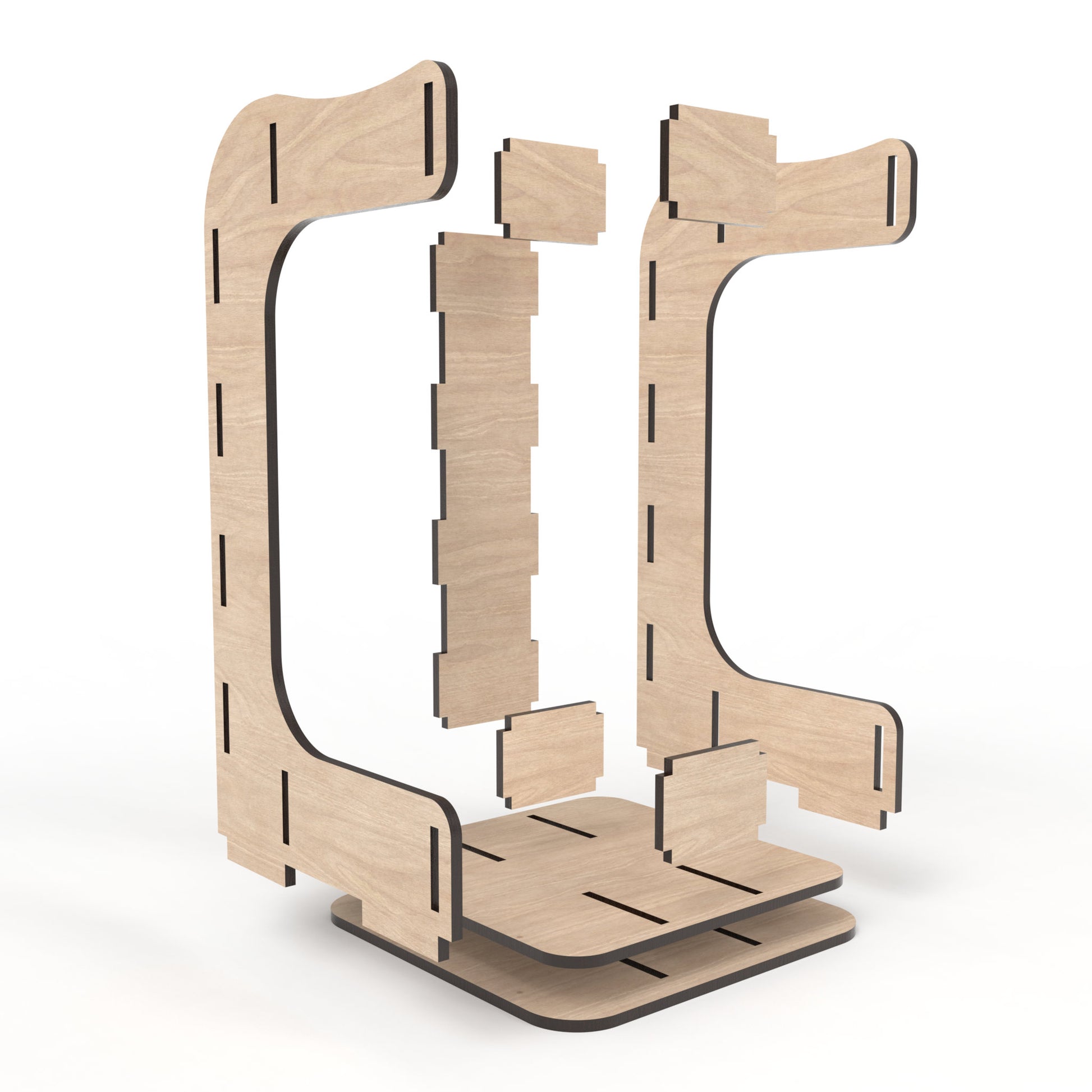 An exploded view of our Headphone Stand made from our laser cutting files and available for digital download. The perfect solution for organizing your headphones, gaming headsets, sales headsets, and more.