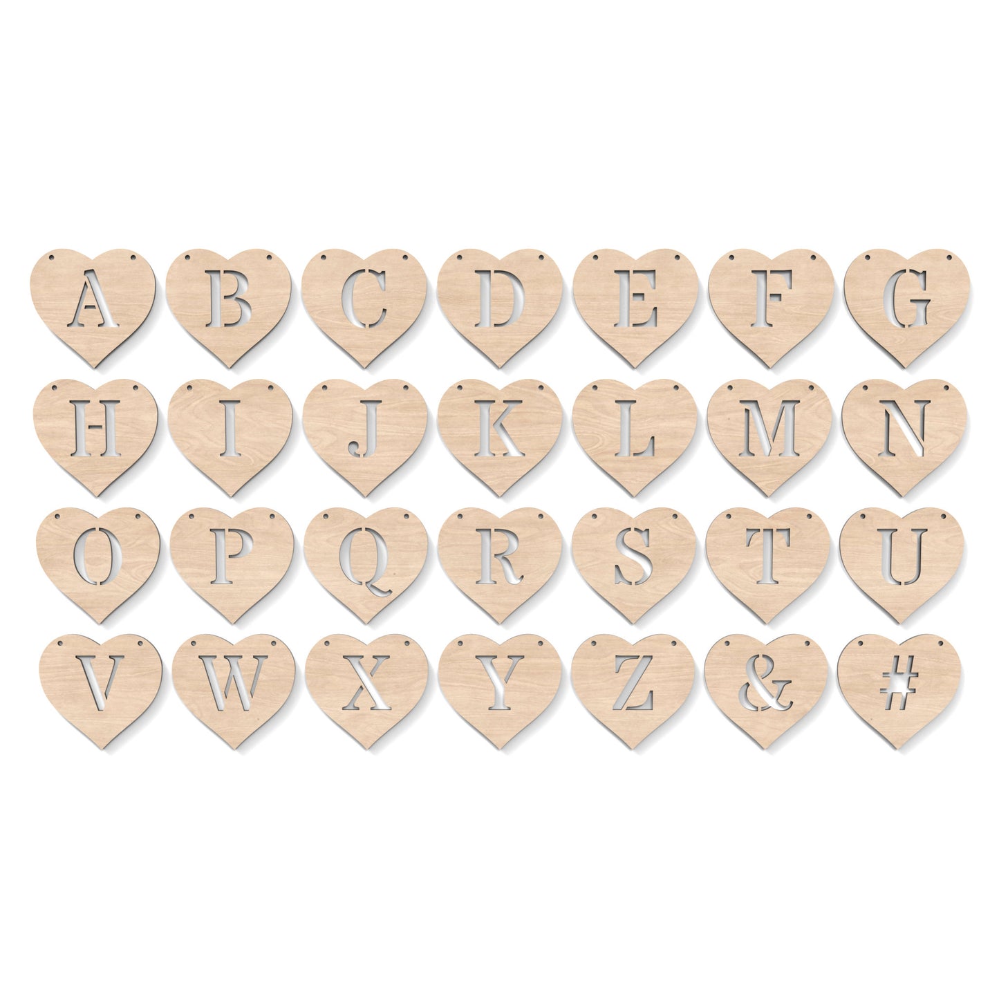 The full alphabet A-Z of Heart Garland Bunting made from our laser cutting files, available as a digital download. Each heart features a separate letter cut out of its centre.