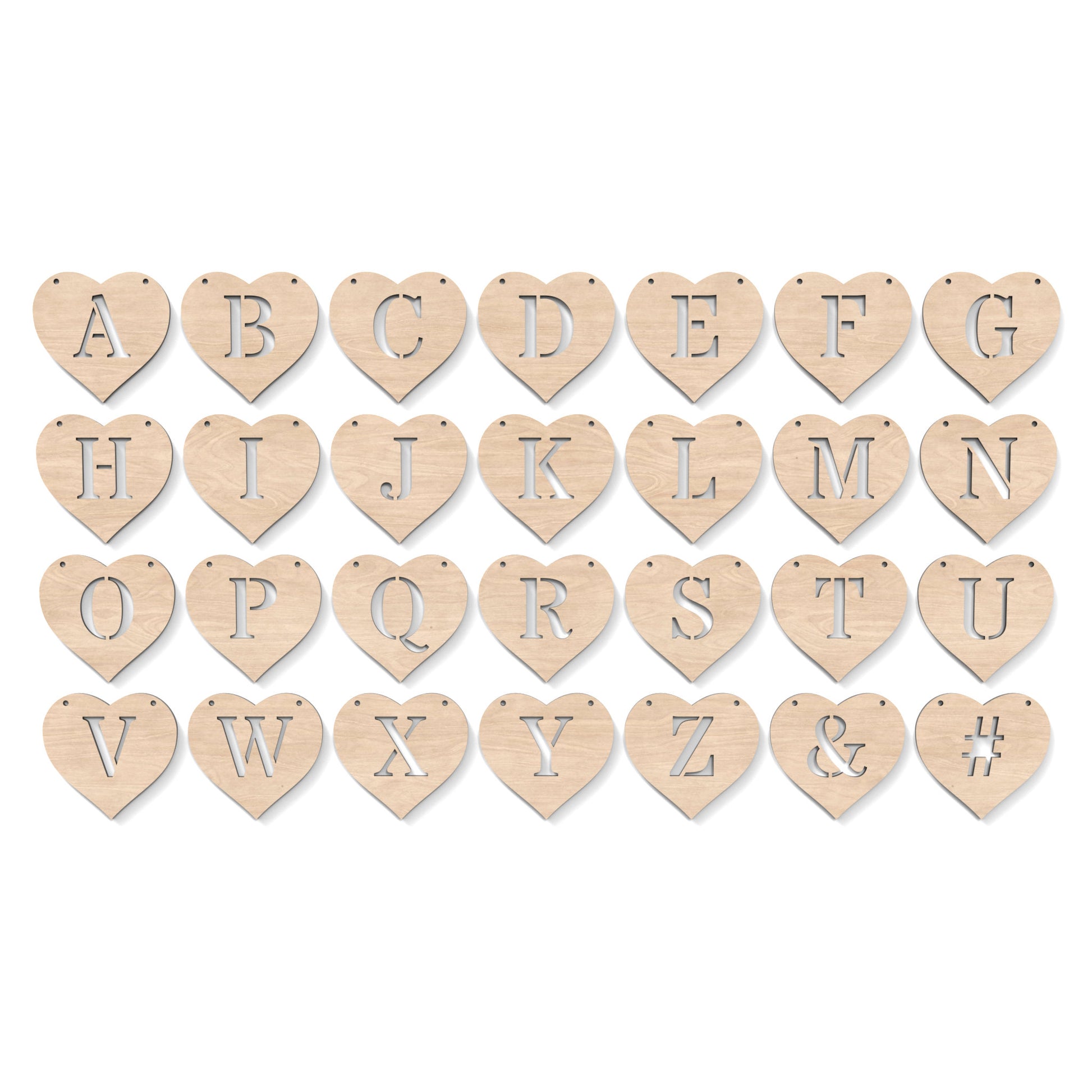 The full alphabet A-Z of Heart Garland Bunting made from our laser cutting files, available as a digital download. Each heart features a separate letter cut out of its centre.