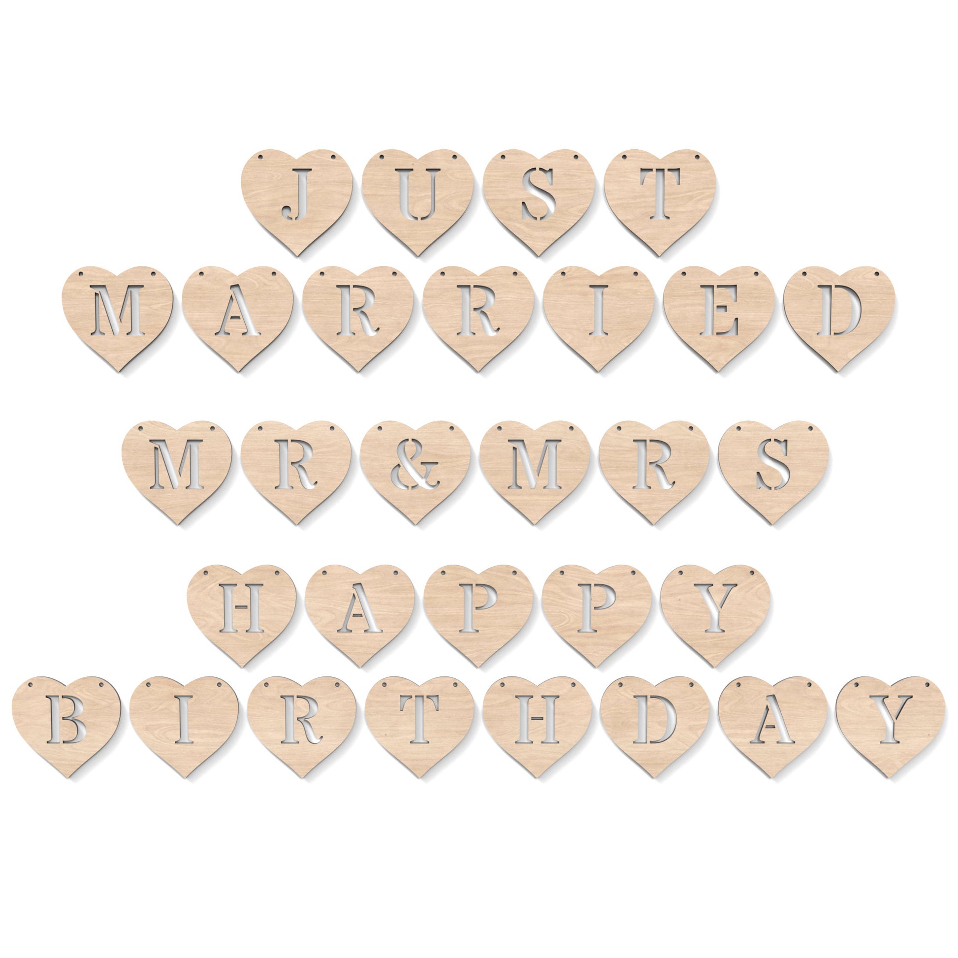 Heart Garland Bunting with the words "Just Married", "MR & MRS" and "Happy Birthday" made from our laser cutting files and available as a digital download. Each heart features a separate letter cut out of its centre.