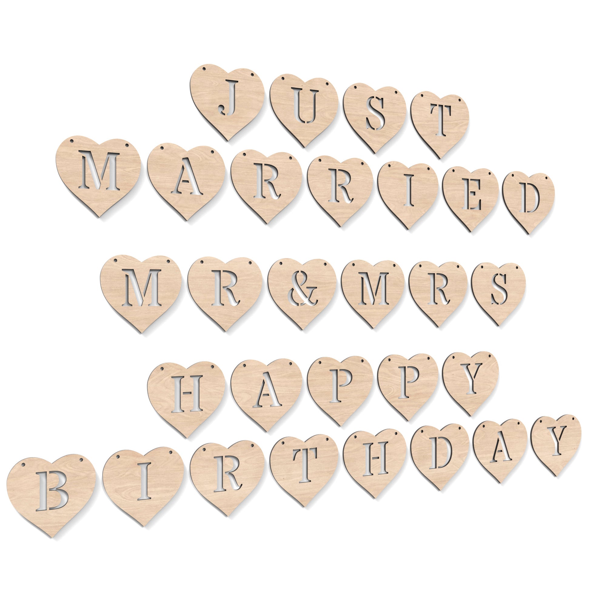 Heart Garland Bunting with the words "Just Married", "MR & MRS" and "Happy Birthday" made from our laser cutting files and available as a digital download. Each heart features a separate letter cut out of its centre.