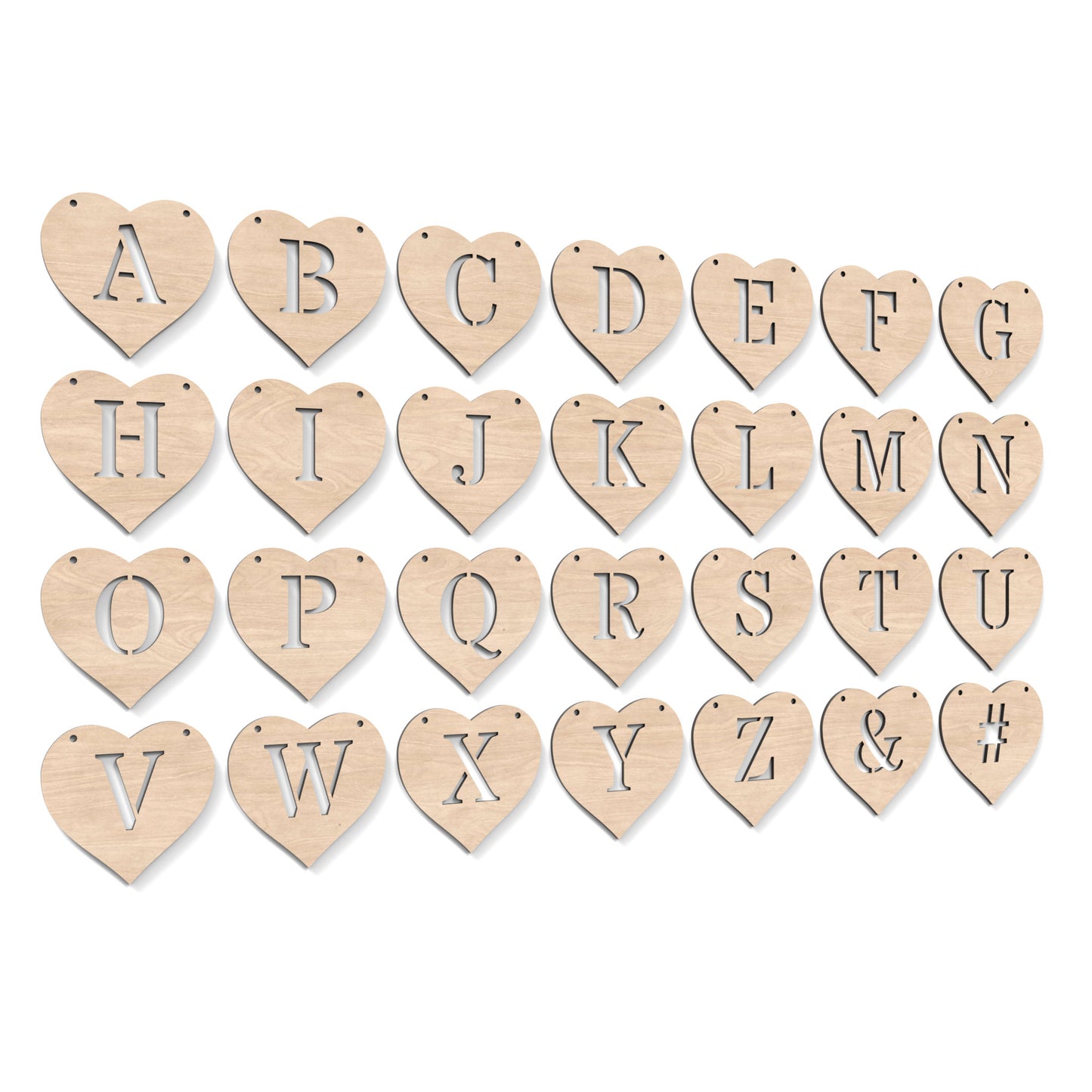 The full alphabet A-Z of Heart Garland Bunting made from our laser cutting files, available as a digital download. Each heart features a separate letter cut out of its centre.