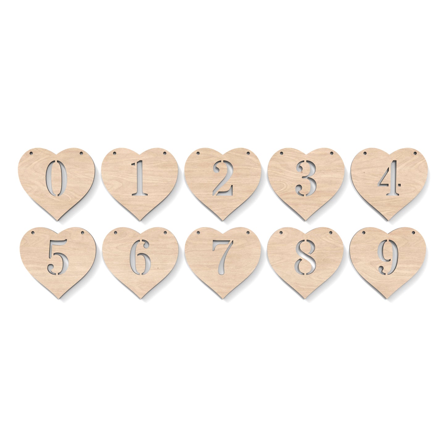 Numbers 0 - 9 of Heart Garland Bunting made from our laser cutting files, available as a digital download. Each heart features a separate number cut out of its centre.