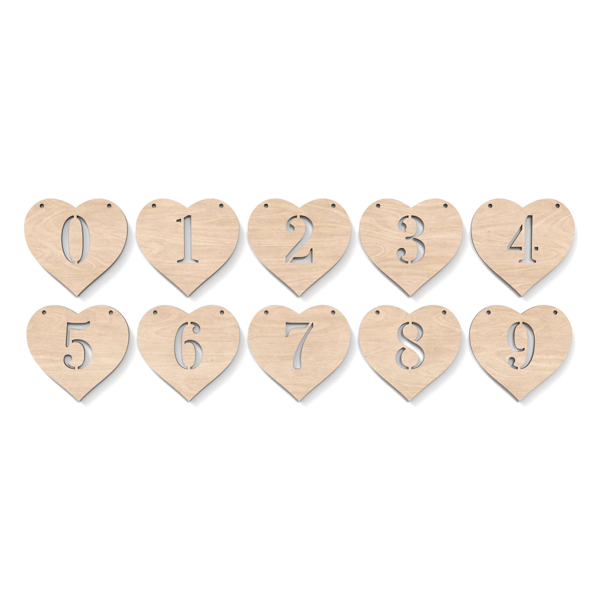 Numbers 0 - 9 of Heart Garland Bunting made from our laser cutting files, available as a digital download. Each heart features a separate number cut out of its centre.