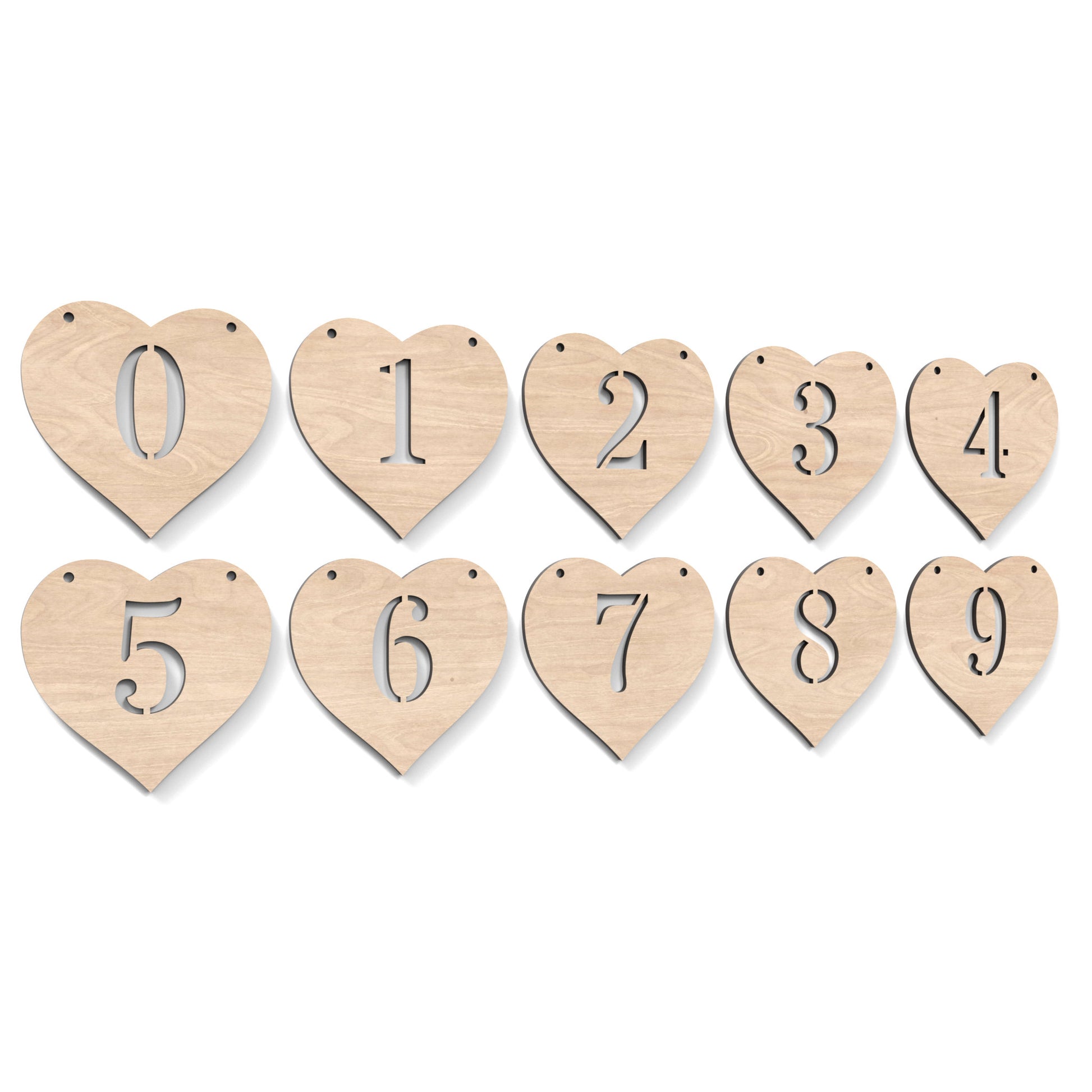 Numbers 0 - 9 of Heart Garland Bunting made from our laser cutting files, available as a digital download. Each heart features a separate number cut out of its centre.