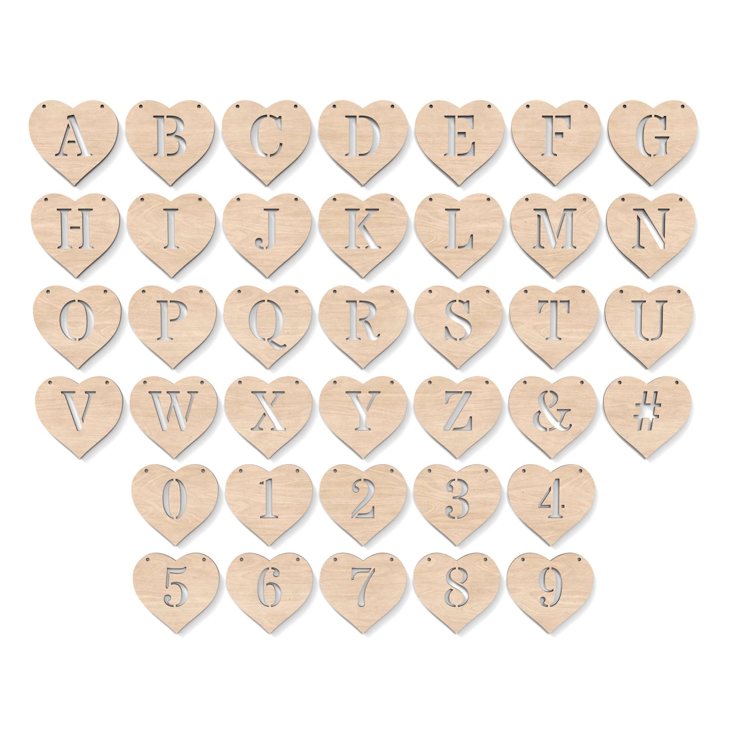 The full alphabet A-Z and numbers 0-9 of Heart Garland Bunting made from our laser cutting files, available as a digital download. Each heart features a separate letter or number cut out of its centre.