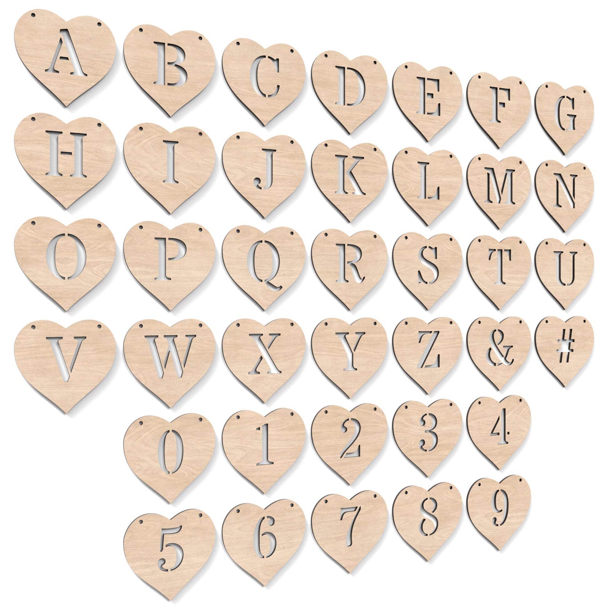 The full alphabet A-Z and numbers 0-9 of Heart Garland Bunting made from our laser cutting files, available as a digital download. Each heart features a separate letter or number cut out of its centre.