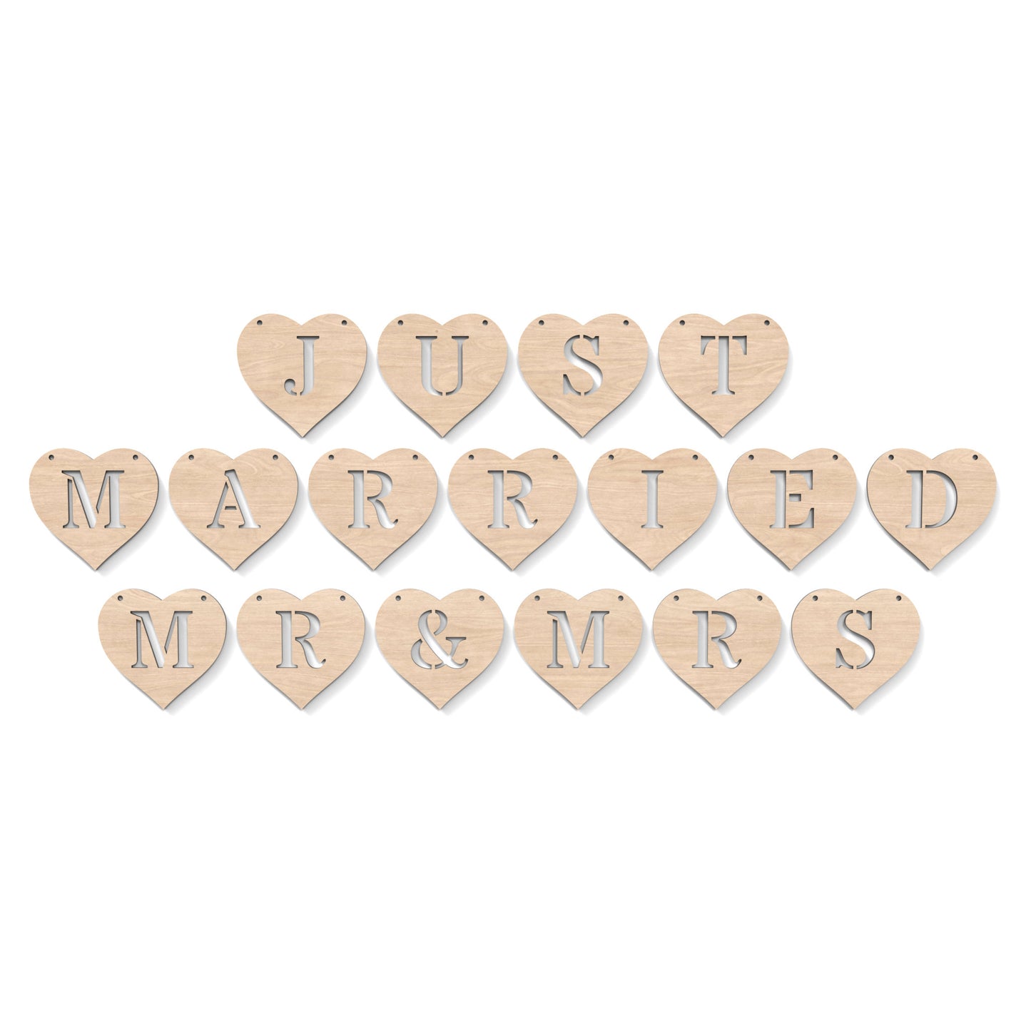 Heart Garland Bunting with the words "Just Married" and "MR & MRS" made from our laser cutting files and available as a digital download. Each heart features a separate letter cut out of its centre.