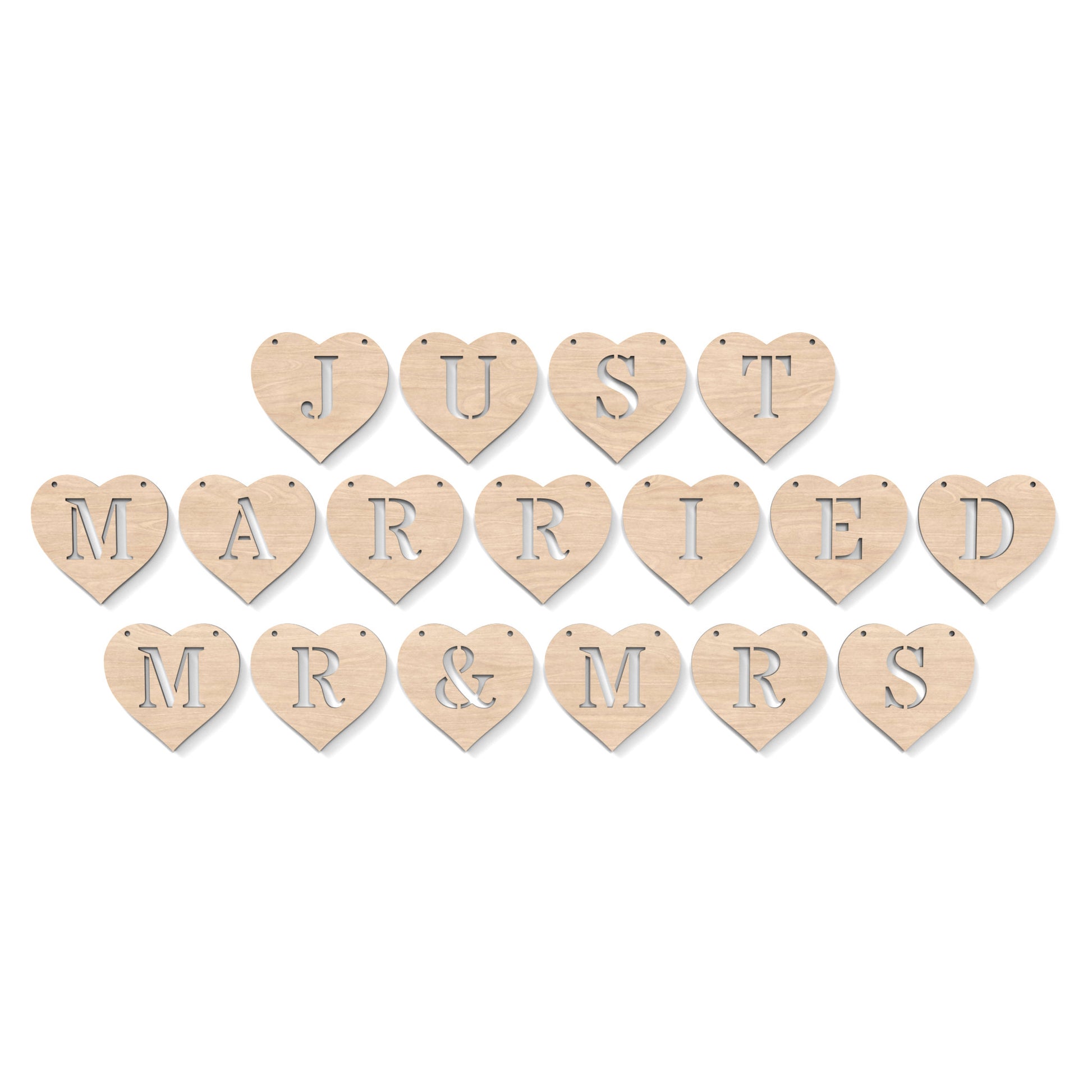 Heart Garland Bunting with the words "Just Married" and "MR & MRS" made from our laser cutting files and available as a digital download. Each heart features a separate letter cut out of its centre.