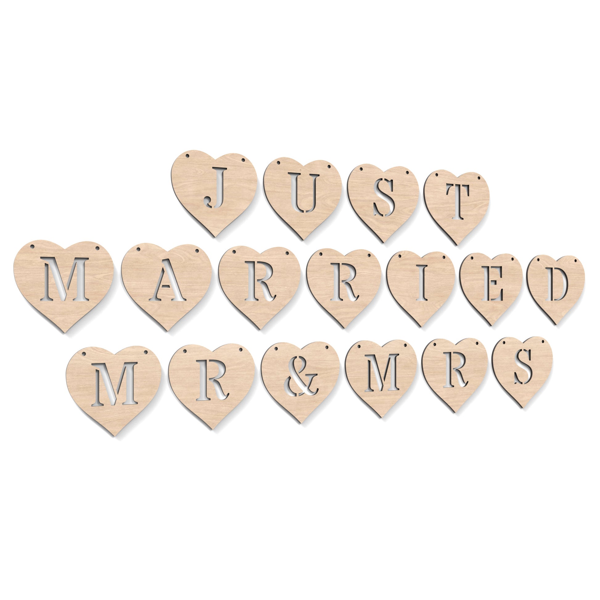 Heart Garland Bunting with the words "Just Married" and "MR & MRS" made from our laser cutting files and available as a digital download. Each heart features a separate letter cut out of its centre.