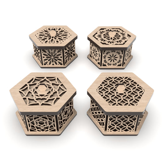 Set of 4 decorative hexagonal jewellery boxes made from our laser cutting files and available for digital download. Ideal for storing jewelry, trinkets, or small items. Each box measures 12cm x 10cm and is 6cm deep.