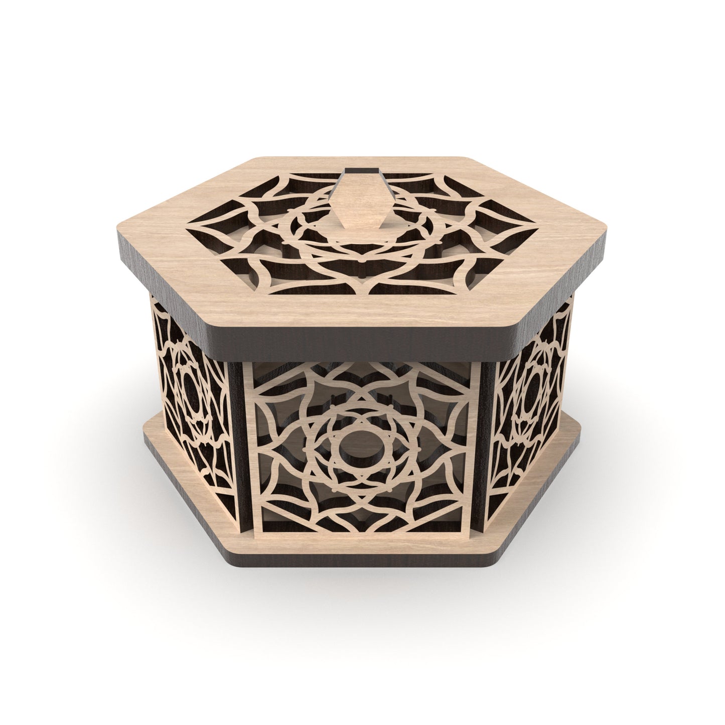 A decorative hexagonal jewellery box made from our laser cutting files and available for digital download. Ideal for storing jewelry, trinkets, or small items. Each box measures 12cm x 10cm and is 6cm deep.