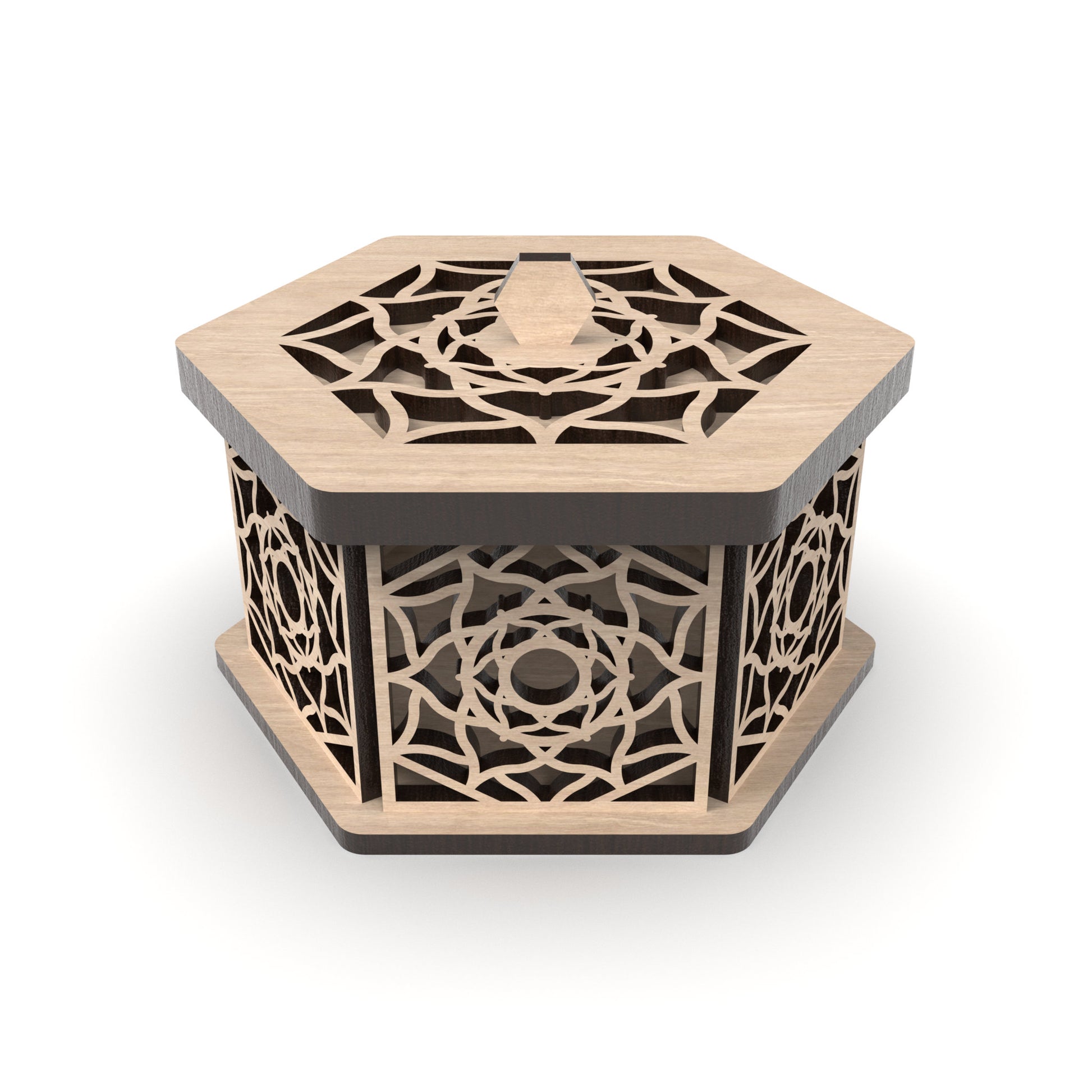 A decorative hexagonal jewellery box made from our laser cutting files and available for digital download. Ideal for storing jewelry, trinkets, or small items. Each box measures 12cm x 10cm and is 6cm deep.