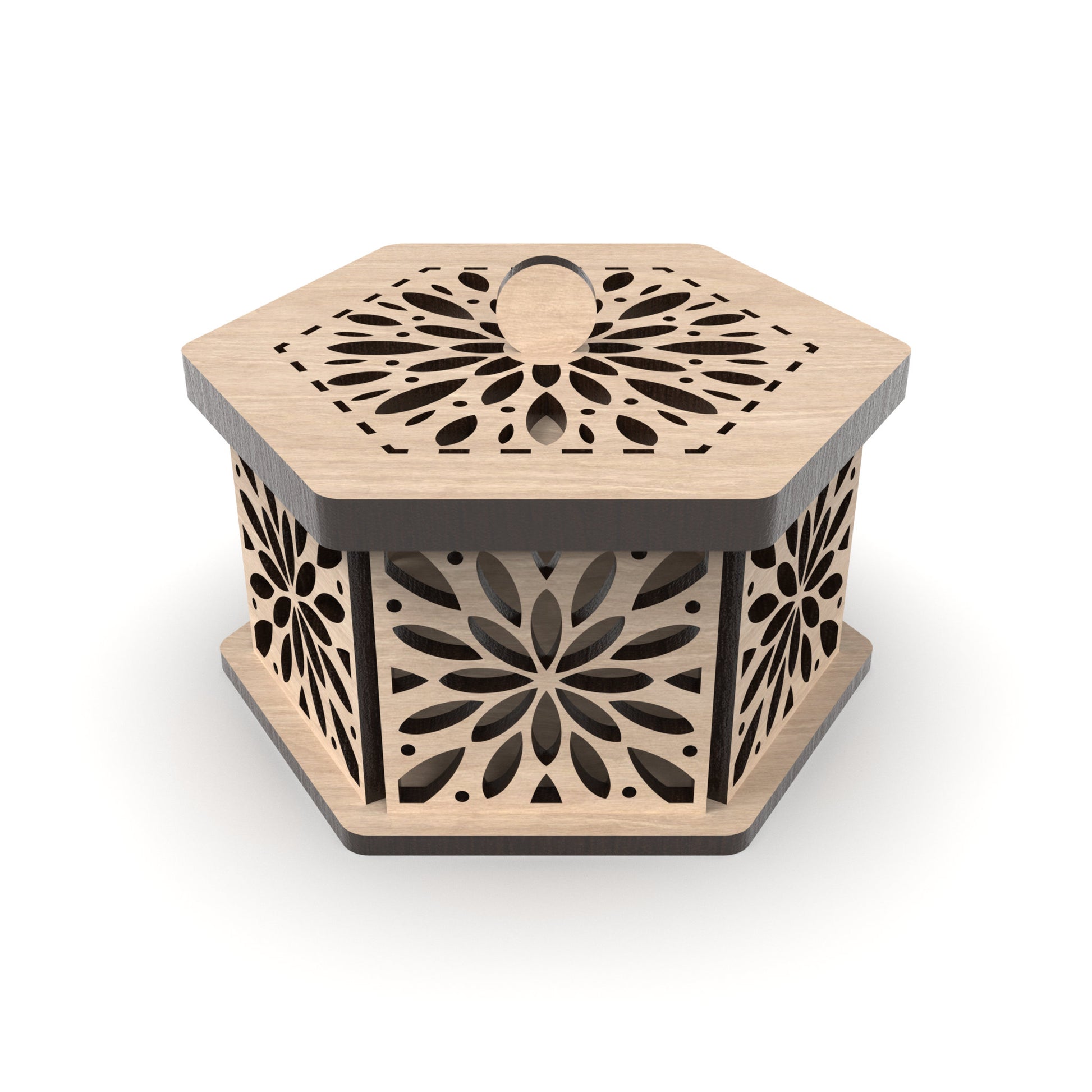 A decorative hexagonal jewellery box made from our laser cutting files and available for digital download. Ideal for storing jewelry, trinkets, or small items. Each box measures 12cm x 10cm and is 6cm deep.