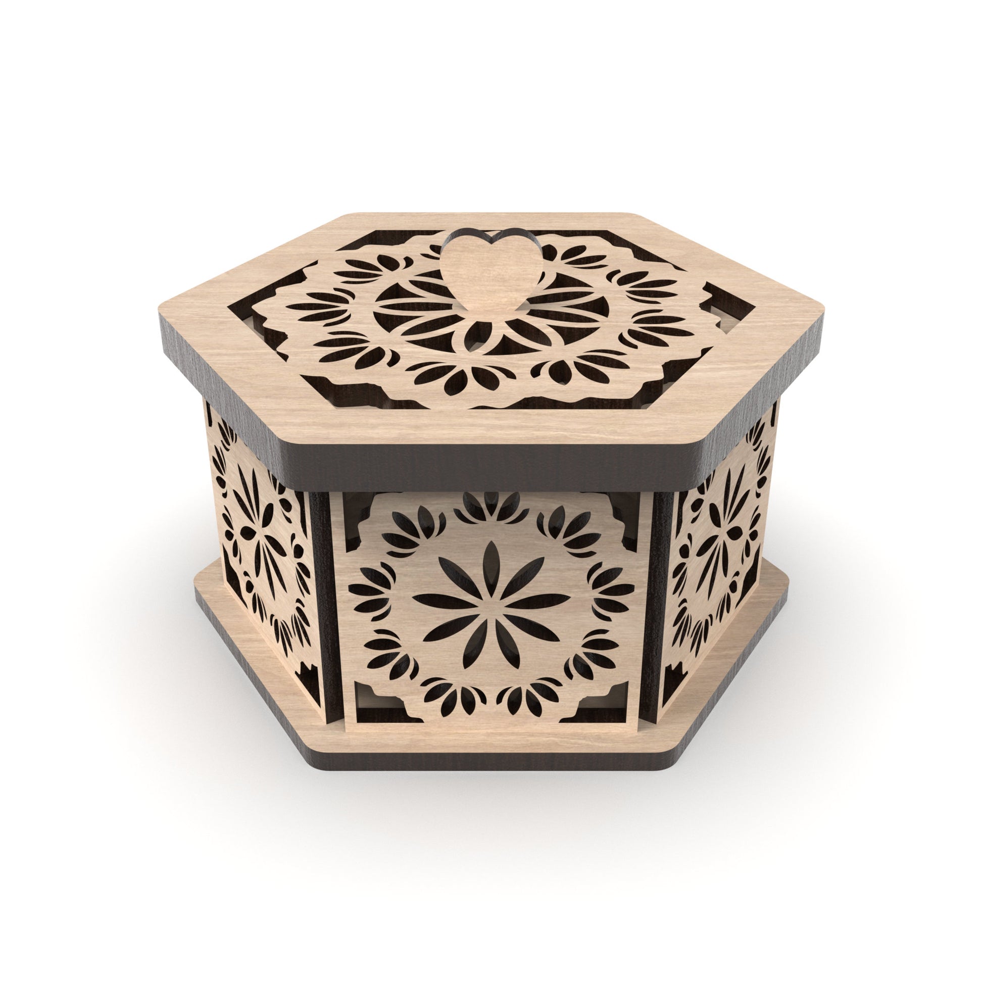 A decorative hexagonal jewellery box made from our laser cutting files and available for digital download. Ideal for storing jewelry, trinkets, or small items. Each box measures 12cm x 10cm and is 6cm deep.