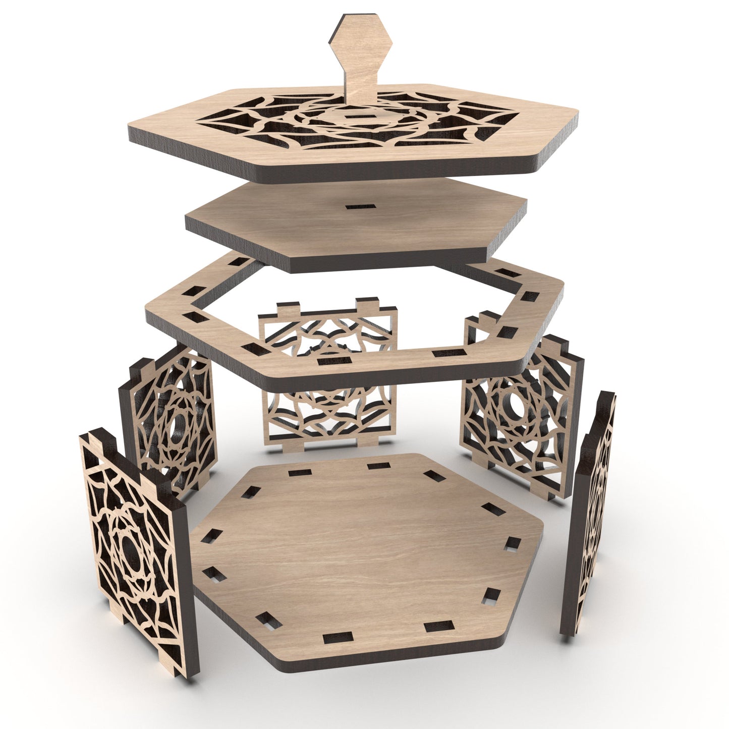 An exploded view of our decorative hexagonal jewellery boxes made from our laser cutting files and available for digital download. Ideal for storing jewelry, trinkets, or small items. Each box measures 12cm x 10cm and is 6cm deep.