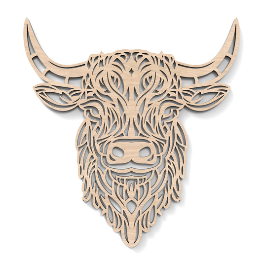 Highland Cow Head Wall Art made from our laser cutting files and available as a digital download.