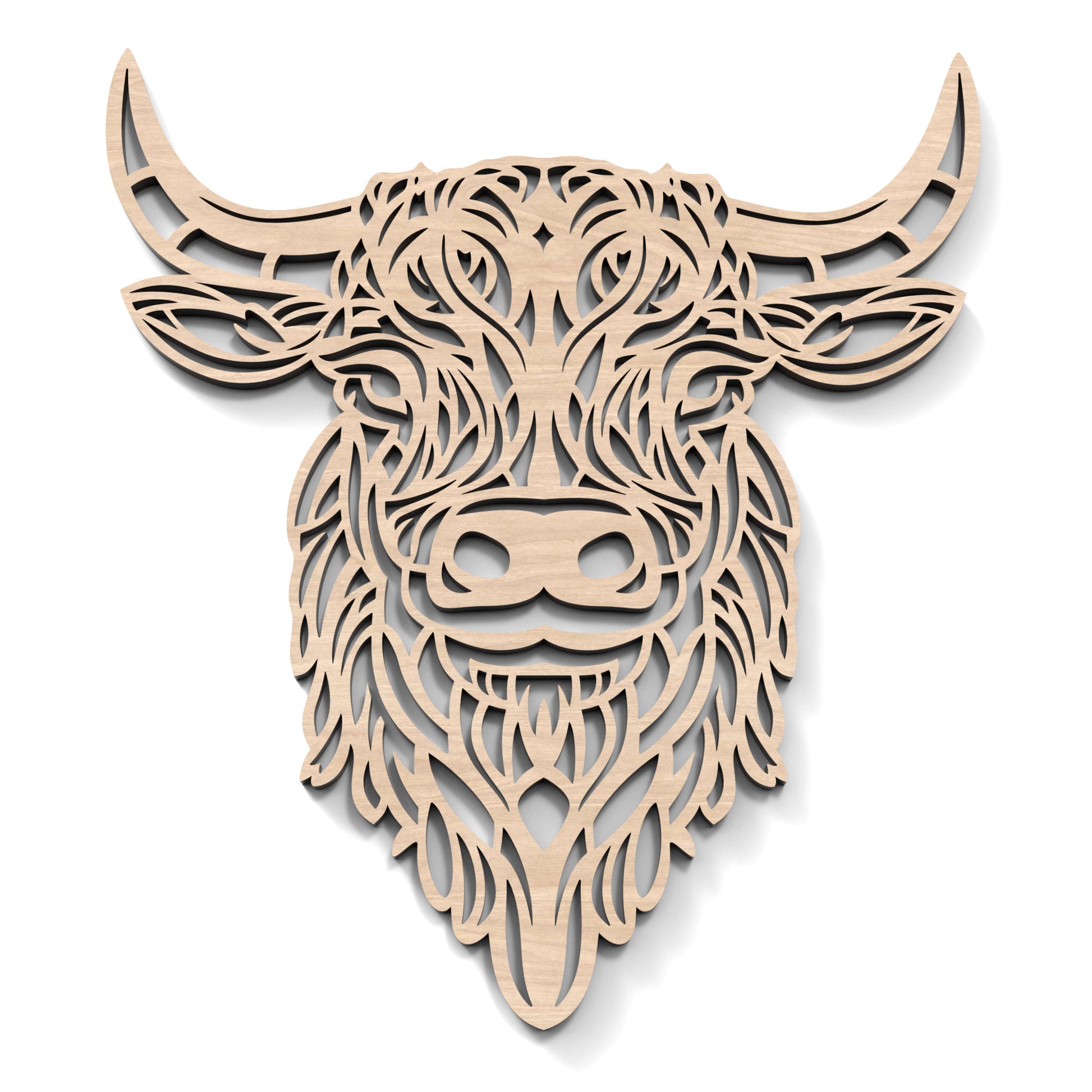 Highland Cow Head Wall Art made from our laser cutting files and available as a digital download.