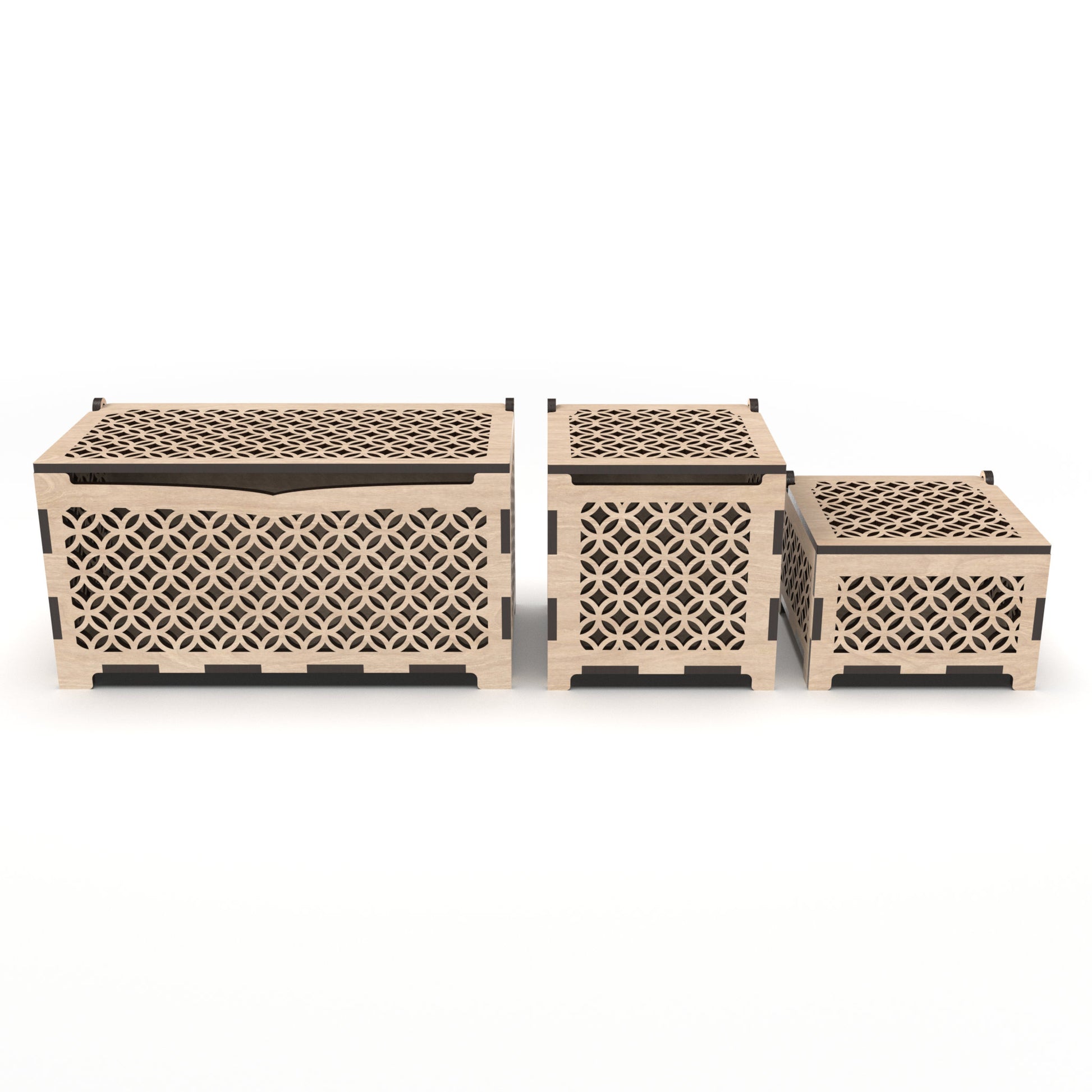 Set of 3 jewellery boxes with decorative cut-out sides and hinged tops, made from our laser cutting files and available for digital download. Includes small, medium, and large sizes.