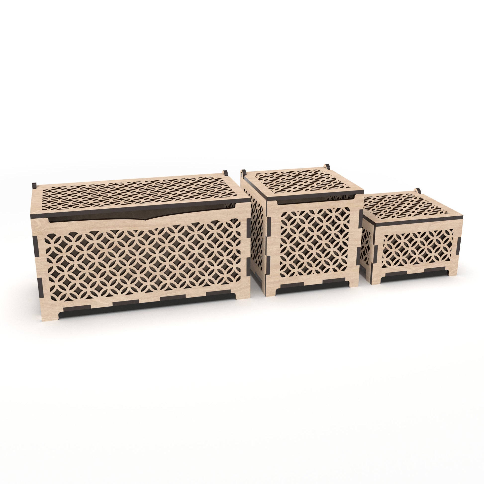 Set of 3 jewellery boxes with decorative cut-out sides and hinged tops, made from our laser cutting files and available for digital download. Includes small, medium, and large sizes.