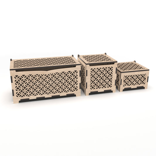 Set of 3 jewellery boxes with decorative cut-out sides and hinged tops, made from our laser cutting files and available for digital download. Includes small, medium, and large sizes.