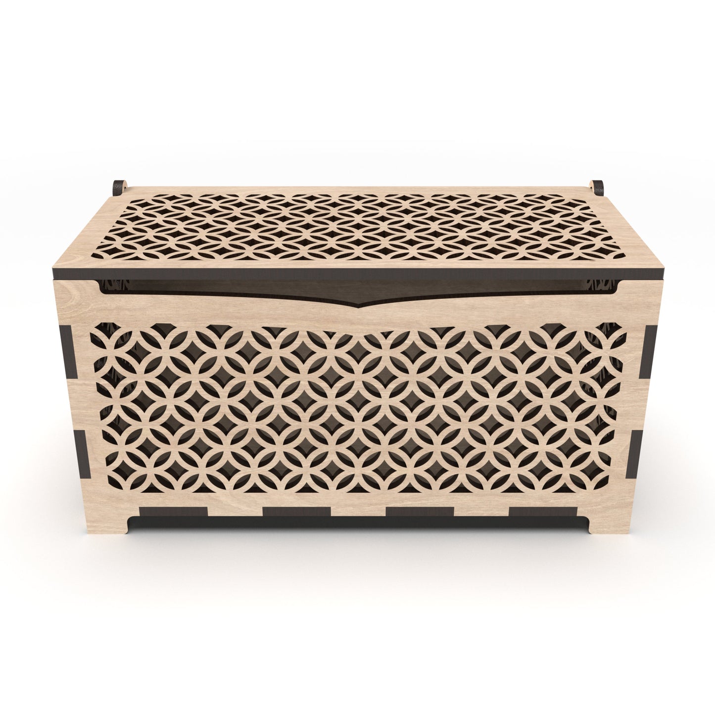 A jewellery box with decorative cut-out sides and hinged tops, made from our laser cutting files and available for digital download.