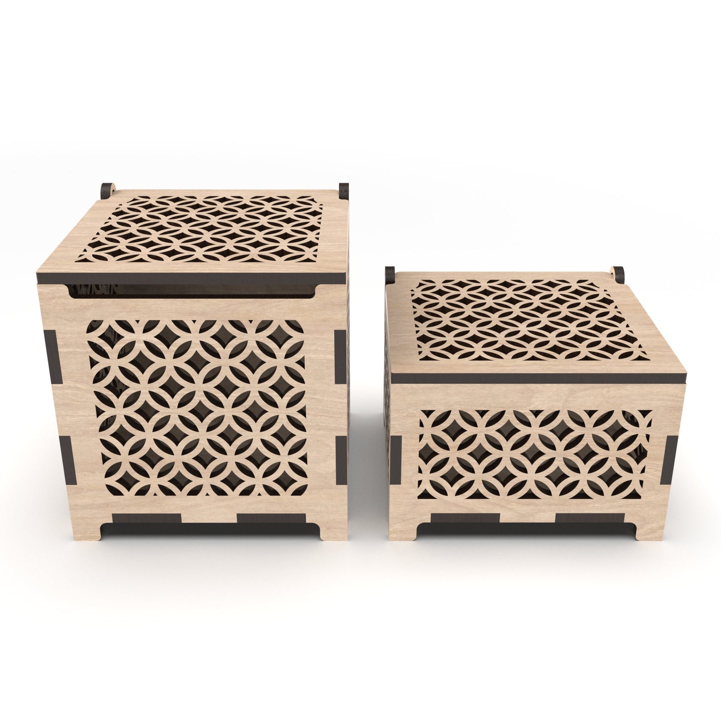 2 jewellery boxes with decorative cut-out sides and hinged tops, made from our laser cutting files and available for digital download. Includes small and medium sizes.