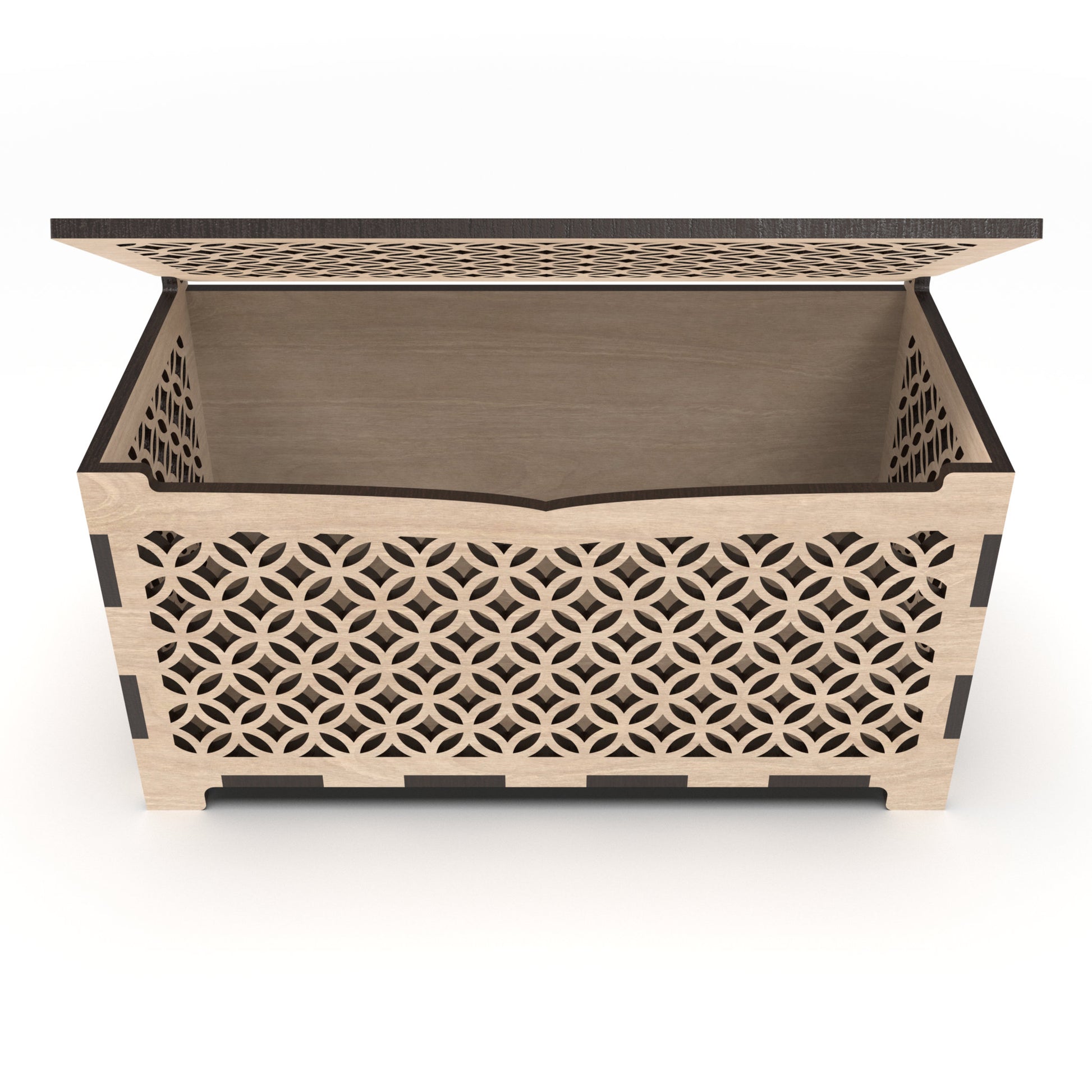 A jewellery box with decorative cut-out sides and hinged tops, made from our laser cutting files and available for digital download.