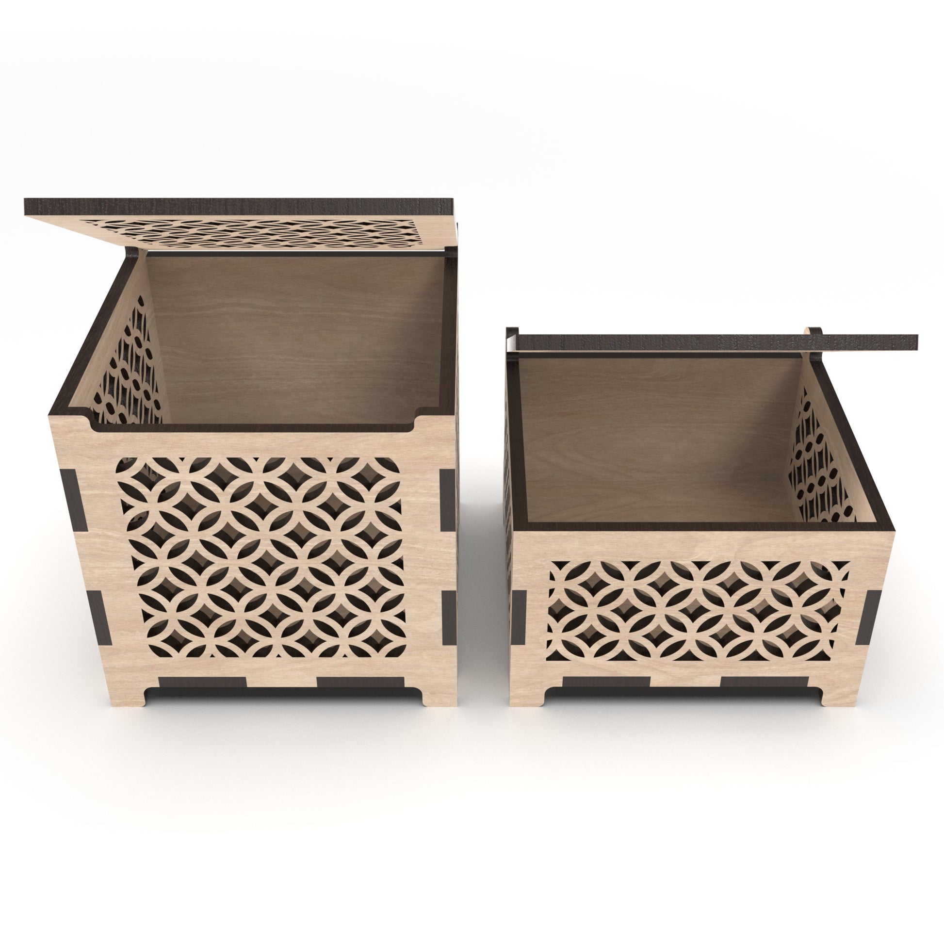 2 jewellery boxes with decorative cut-out sides and hinged tops, made from our laser cutting files and available for digital download. Includes small and medium sizes.