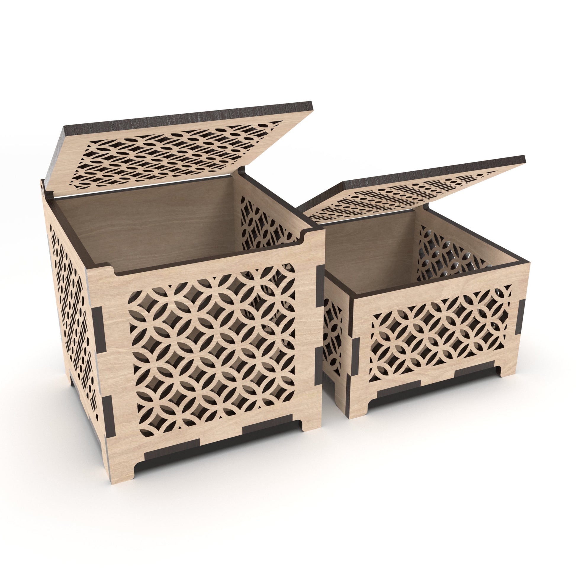 2 jewellery boxes with decorative cut-out sides and hinged tops, made from our laser cutting files and available for digital download. Includes small and medium sizes.