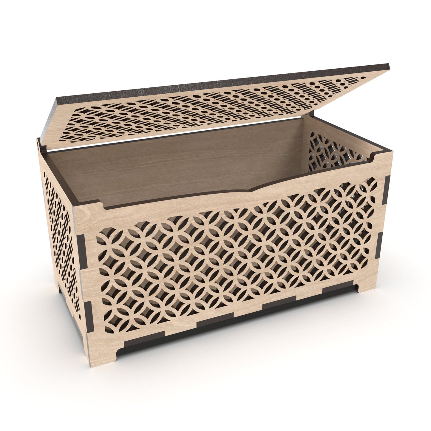 A jewellery box with decorative cut-out sides and hinged tops, made from our laser cutting files and available for digital download.